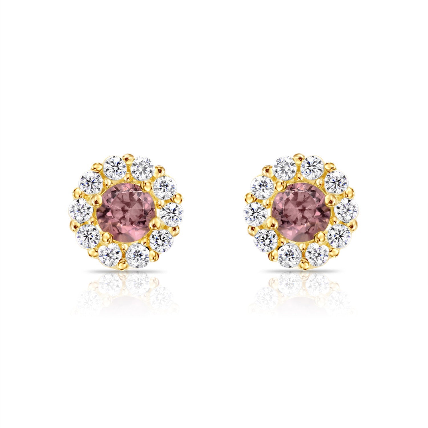 14k Yellow Gold Birthstone Halo Stud Earrings. With Secure Screw-On Backs. Available in 12 Colors