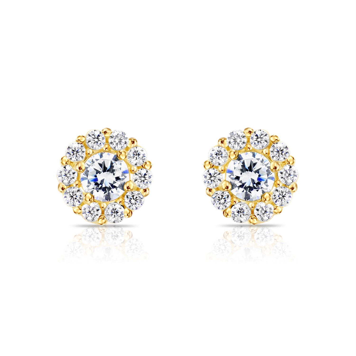 14k Yellow Gold Birthstone Halo Stud Earrings. With Secure Screw-On Backs. Available in 12 Colors