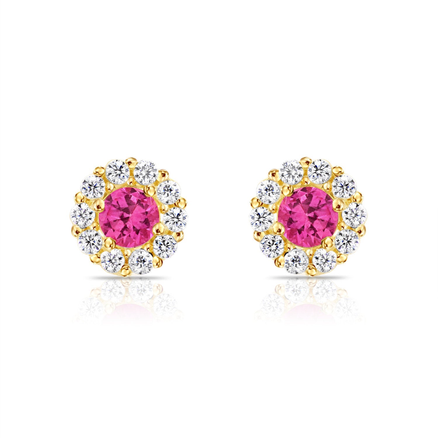 14k Yellow Gold Birthstone Halo Stud Earrings. With Secure Screw-On Backs. Available in 12 Colors