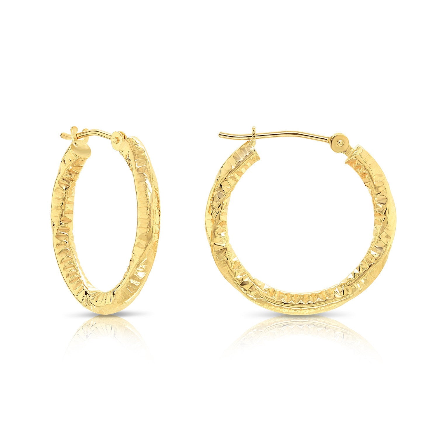 14k Yellow Gold Textured Hoop Earrings. The Spiral Collection