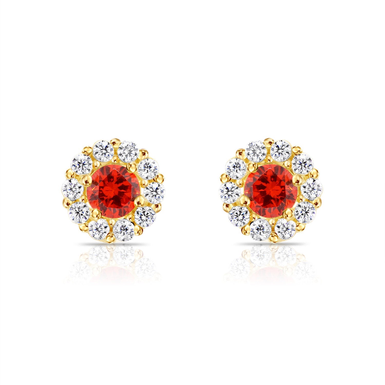 14k Yellow Gold Birthstone Halo Stud Earrings. With Secure Screw-On Backs. Available in 12 Colors