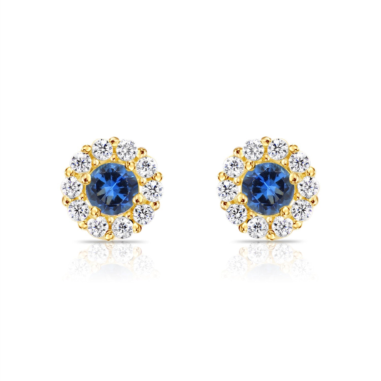 14k Yellow Gold Birthstone Halo Stud Earrings. With Secure Screw-On Backs. Available in 12 Colors