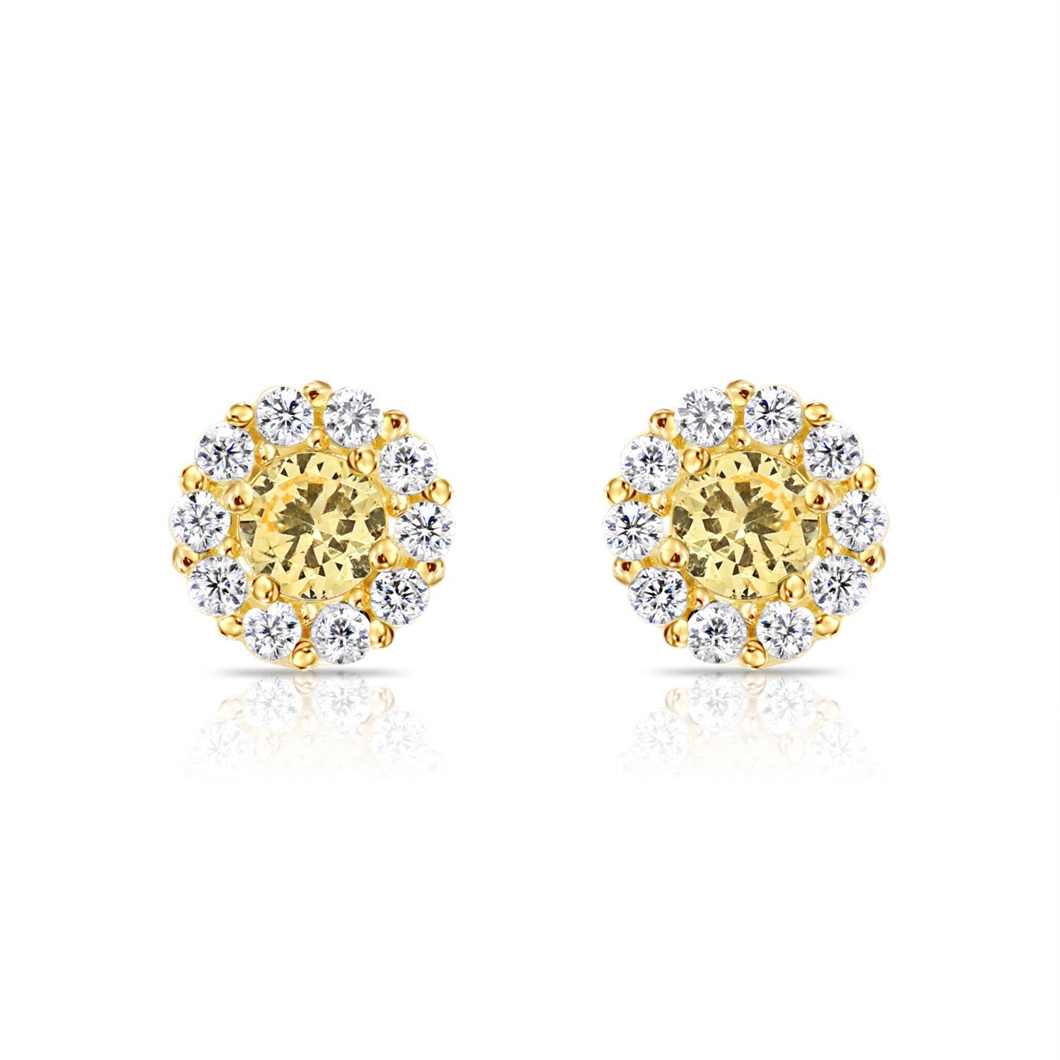 14k Yellow Gold Birthstone Halo Stud Earrings. With Secure Screw-On Backs. Available in 12 Colors