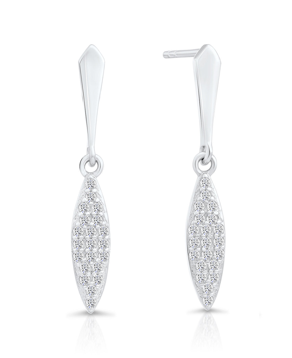 CZ Willow Leaf Dangle Stud Earrings. Slim Leaf in Sterling Silver