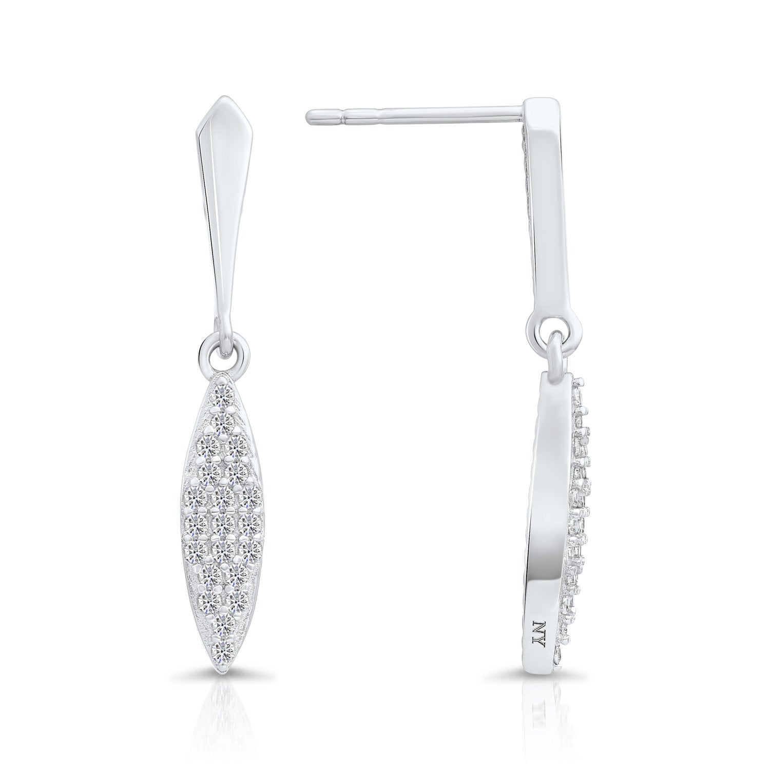 CZ Willow Leaf Dangle Stud Earrings. Slim Leaf in Sterling Silver