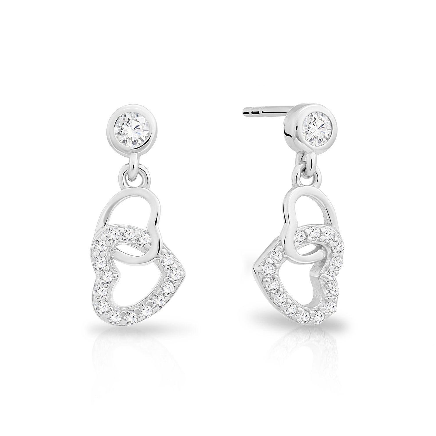 CZ Double Heart Dangle Stud Earrings in Sterling Silver