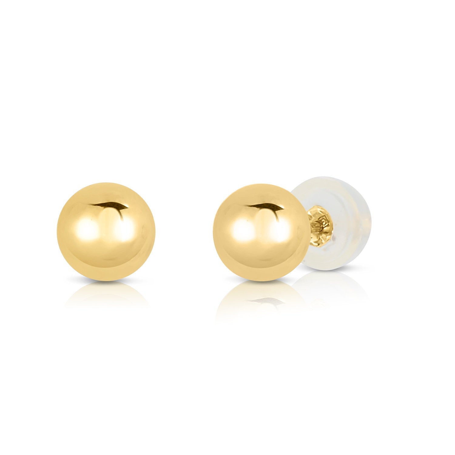 14K Yellow Gold Ball Stud Earrings. Silicone Covered Gold Push Backings (Unisex)