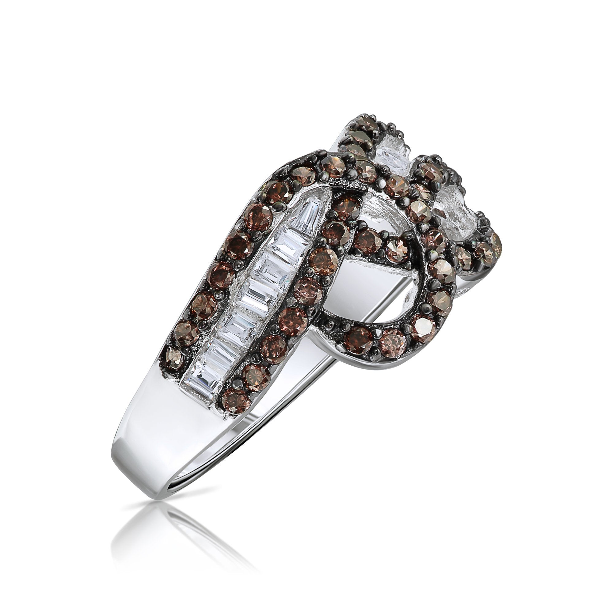 Wide Band Ring With White & Coffee Brown Baguette CZ in Sterling Silver