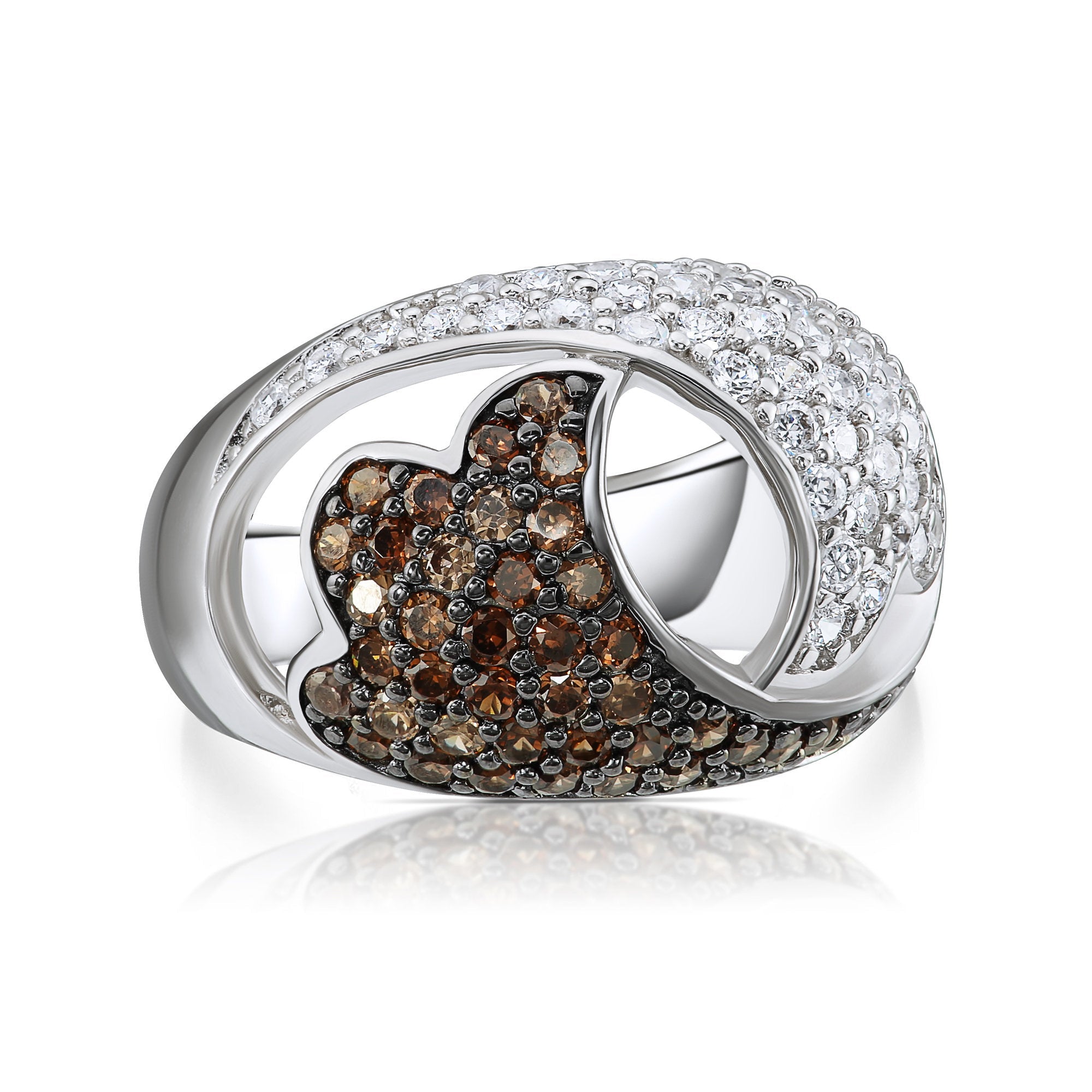 Unique Statement Ring With White & Coffee Brown CZ in Sterling Silver