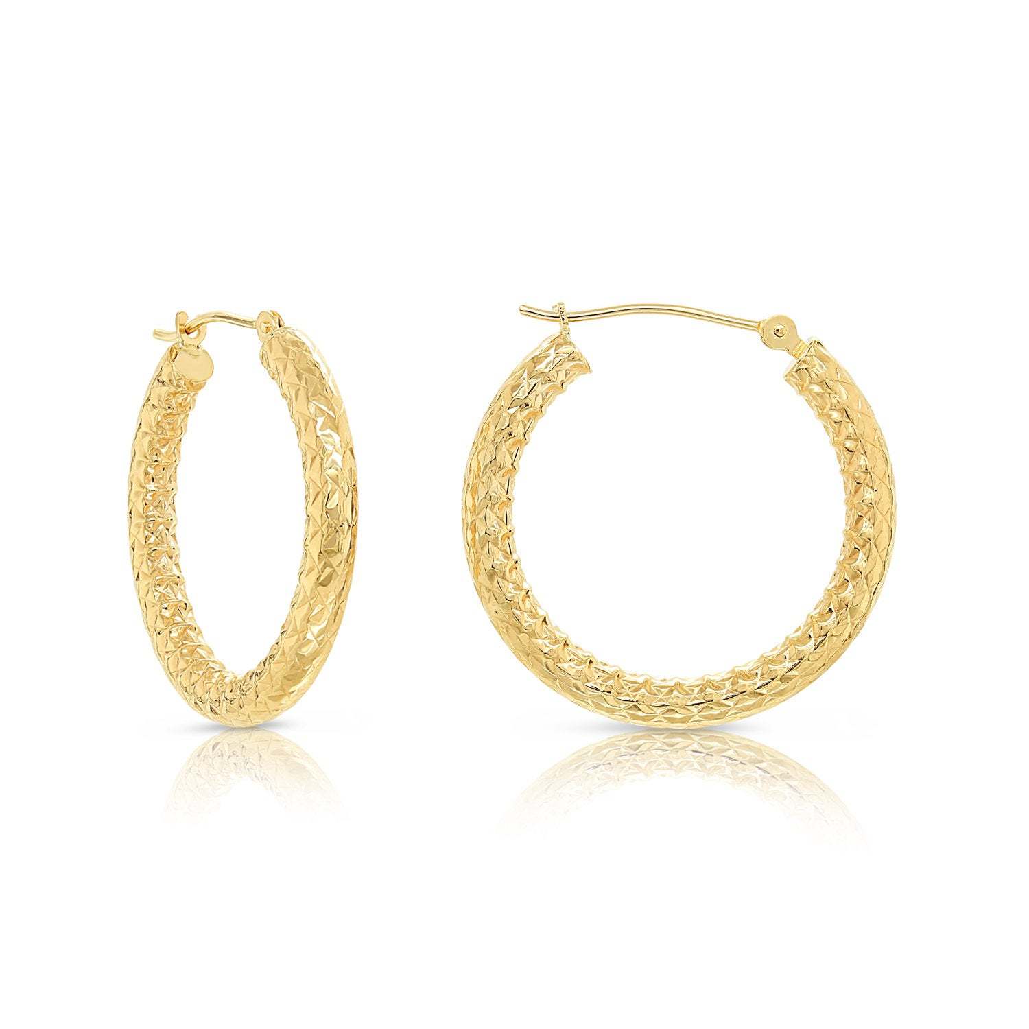 14k Yellow Gold Textured Hoop Earrings. The Alligator Collection