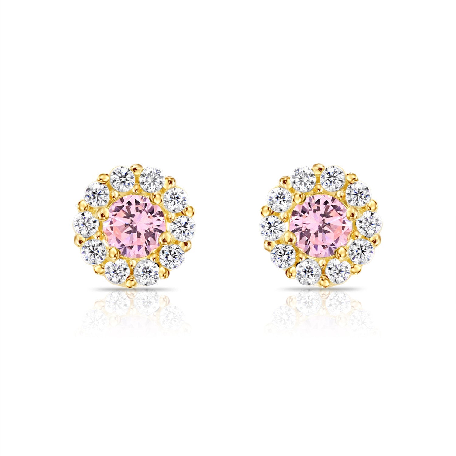 14k Yellow Gold Birthstone Halo Stud Earrings. With Secure Screw-On Backs. Available in 12 Colors