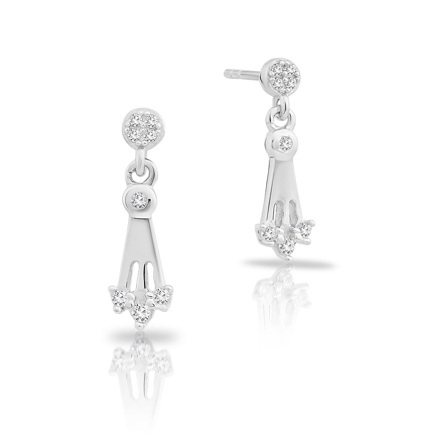 CZ Dangle Stud Earrings. Three Spoke in Sterling Silver