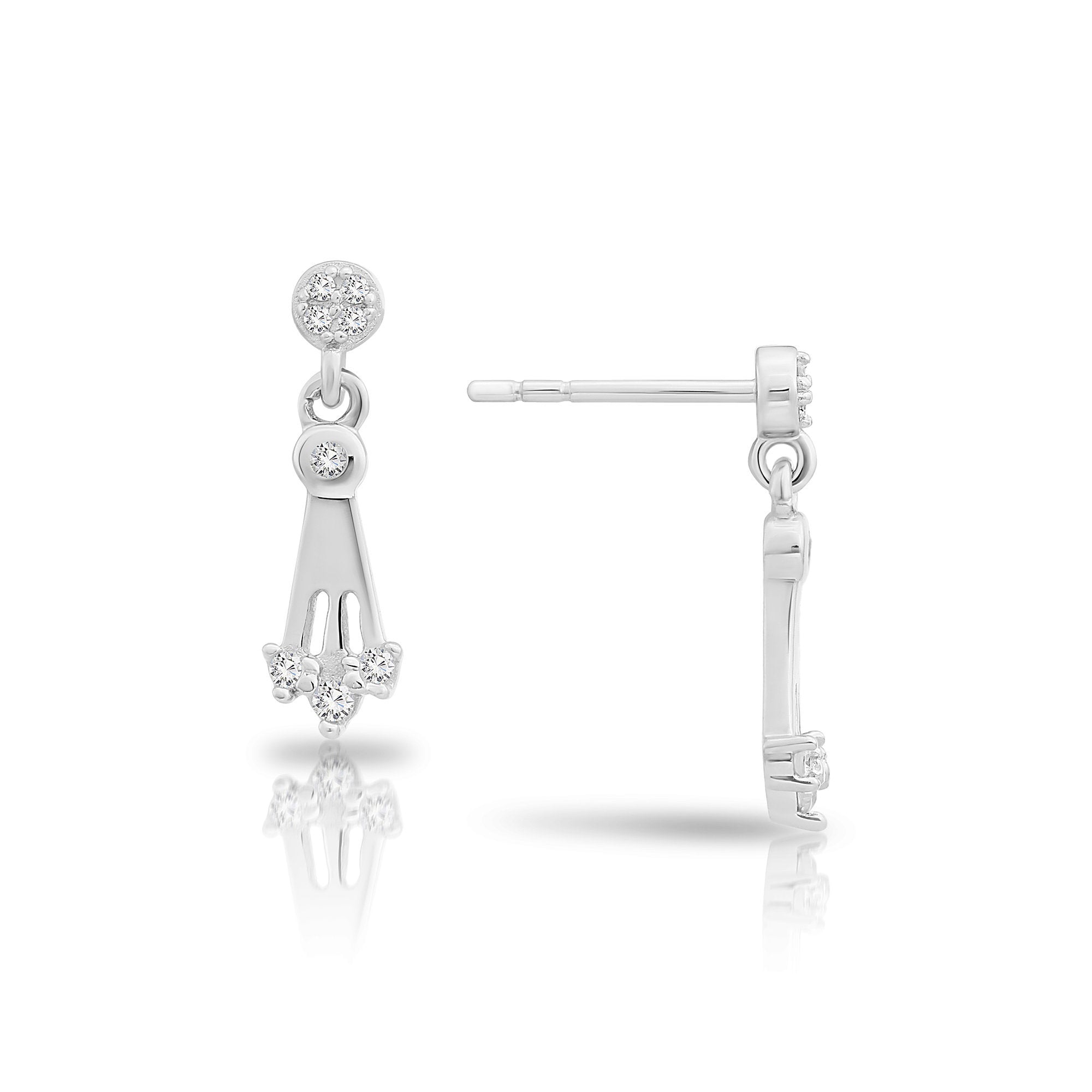 CZ Dangle Stud Earrings. Three Spoke in Sterling Silver