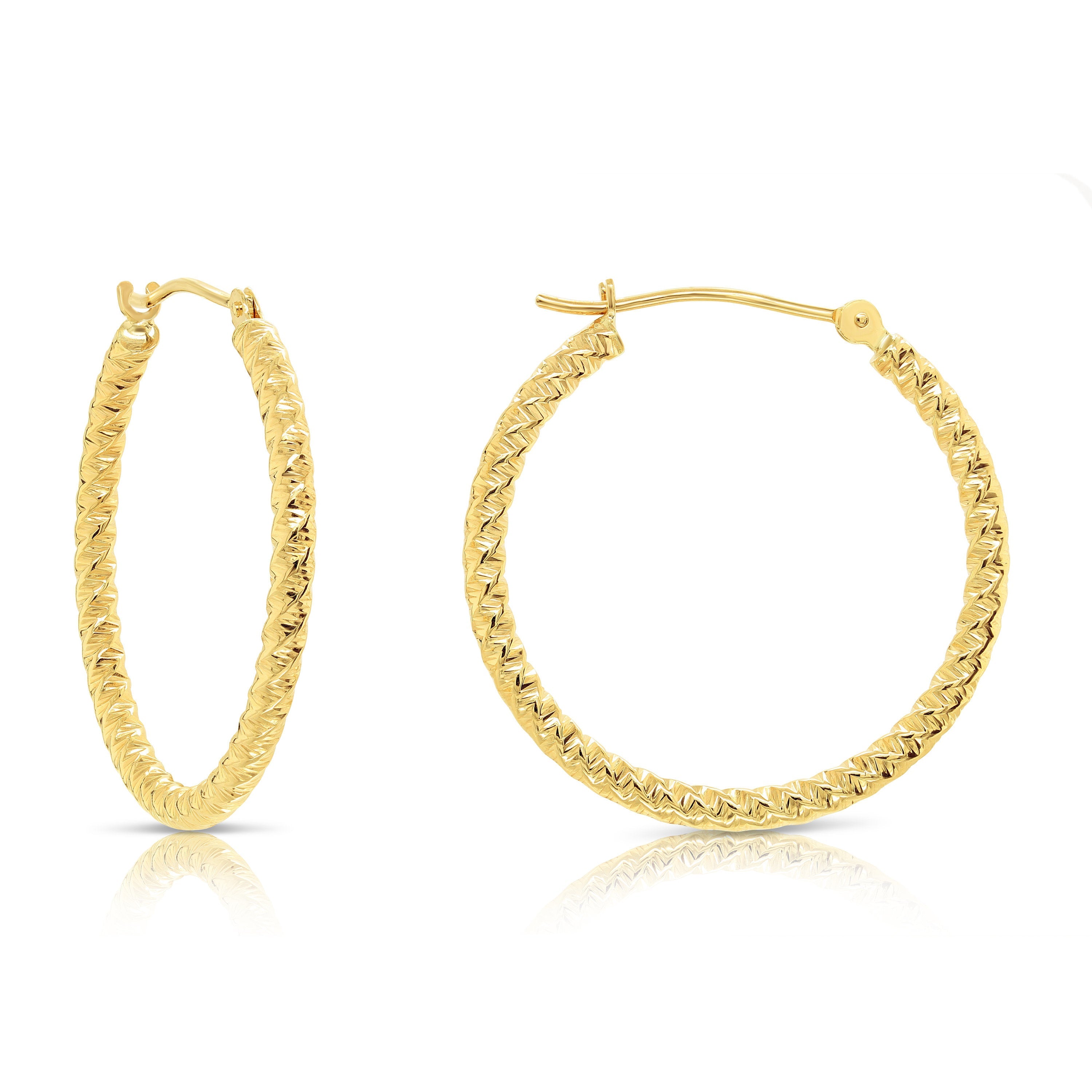 14k Yellow Gold Textured Hoop Earrings. The Twist Collection