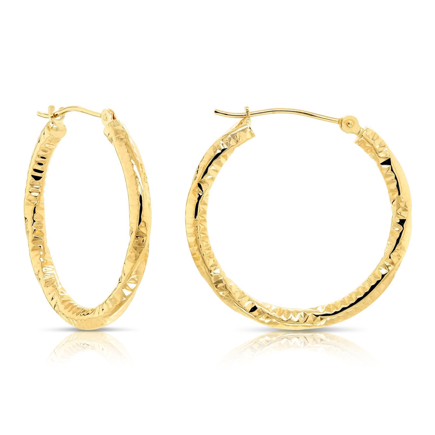 14k Yellow Gold Textured Hoop Earrings. The Spiral Collection