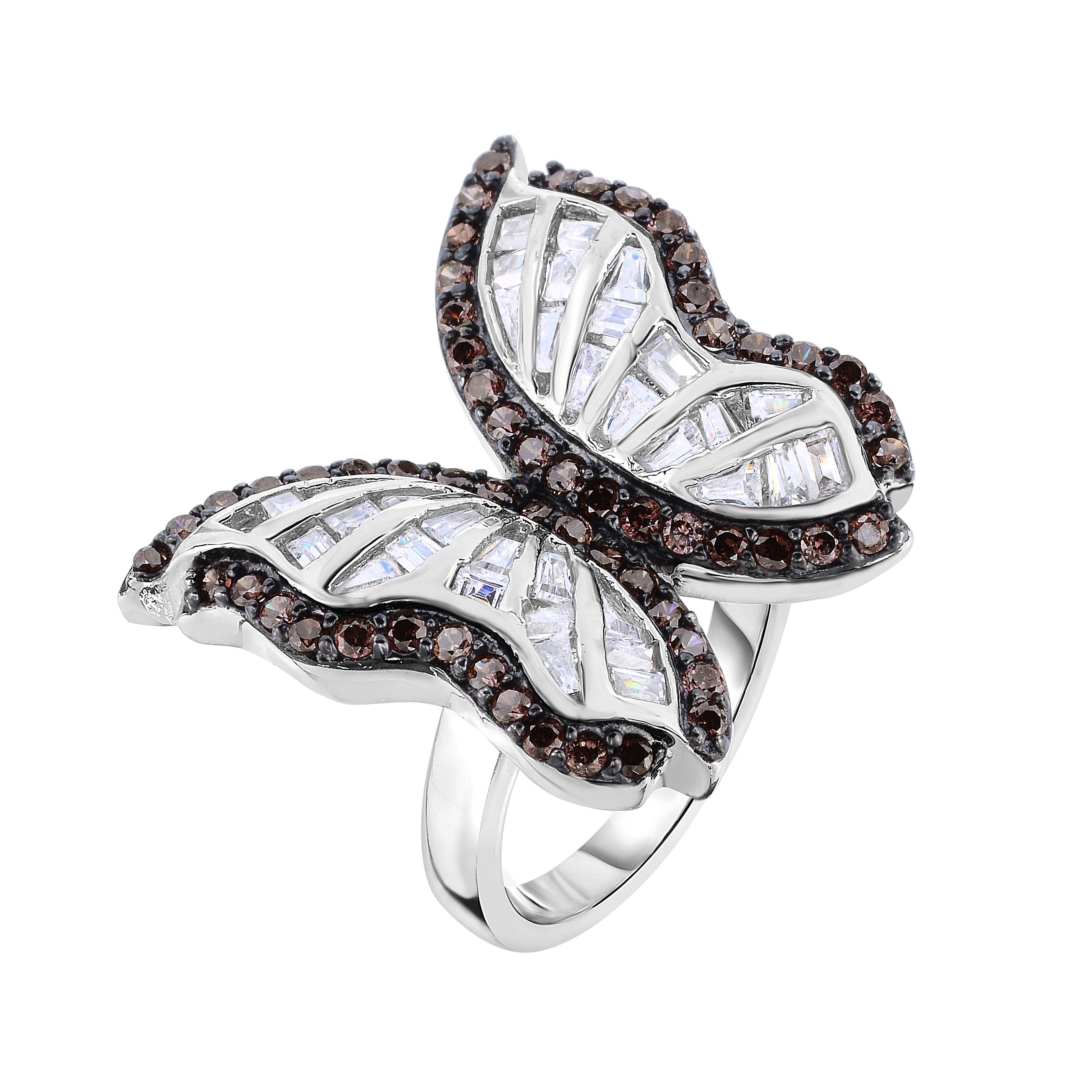 CZ Butterfly Cocktail Ring. Chocolate Stones in Sterling Silver