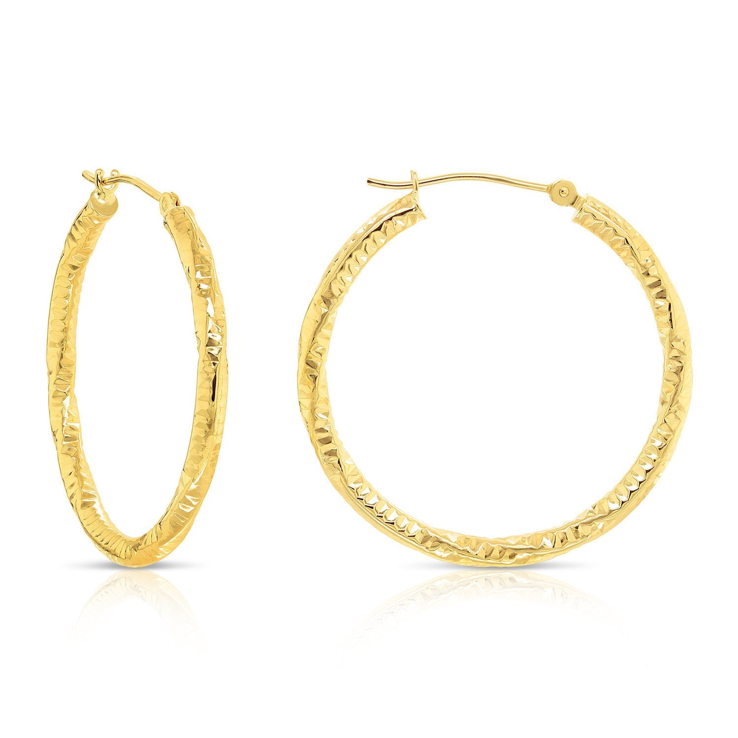 14k Yellow Gold Textured Hoop Earrings. The Spiral Collection