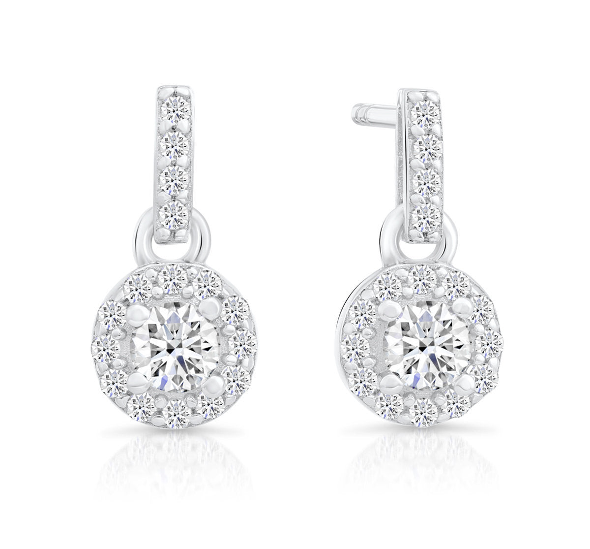 CZ Tiny Round Halo Dangle Stud Earrings in Sterling Silver