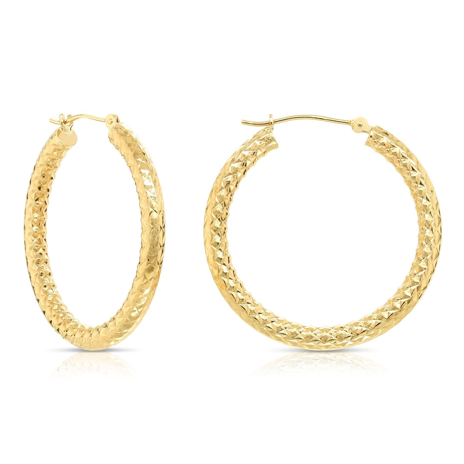 14k Yellow Gold Textured Hoop Earrings. The Alligator Collection