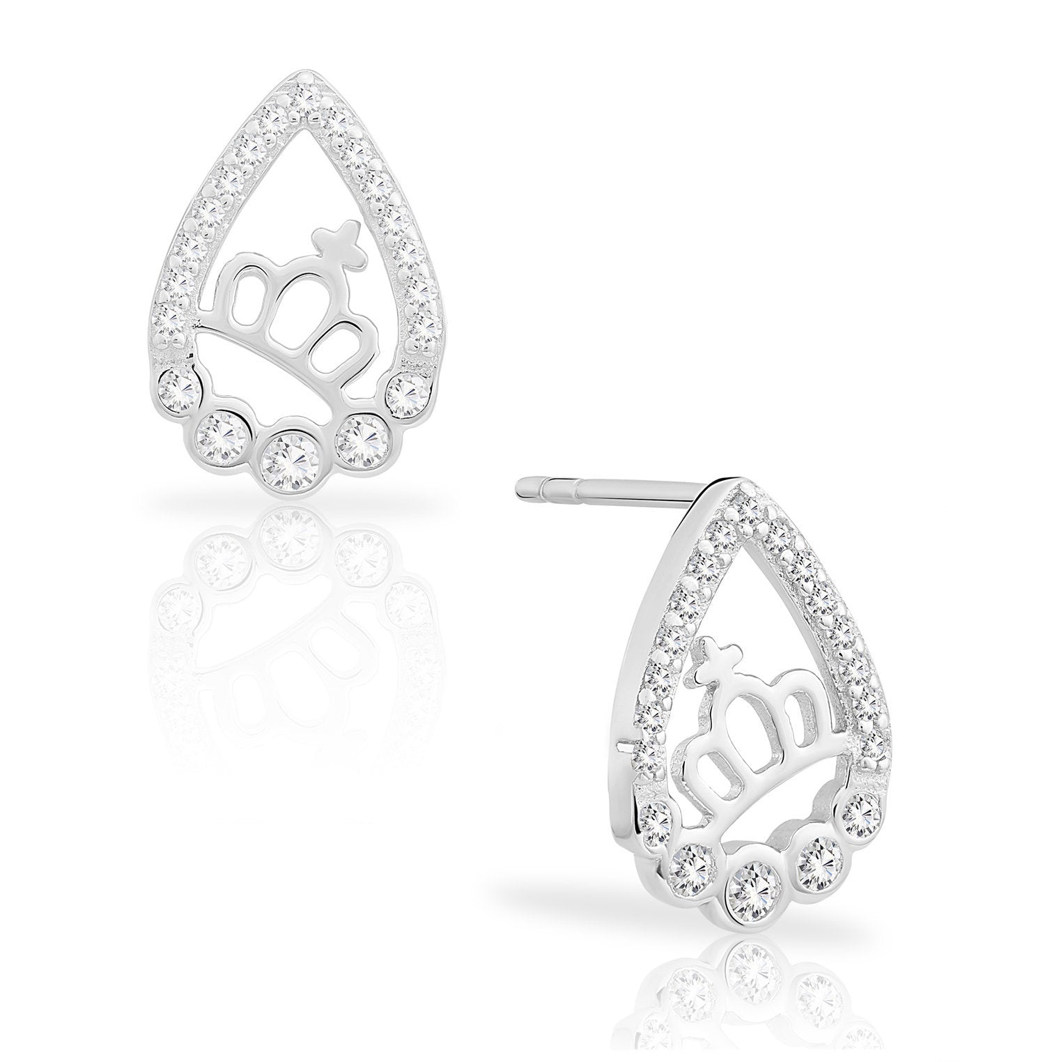 CZ Princess Crown Stud Earrings. Teardrop in Sterling Silver