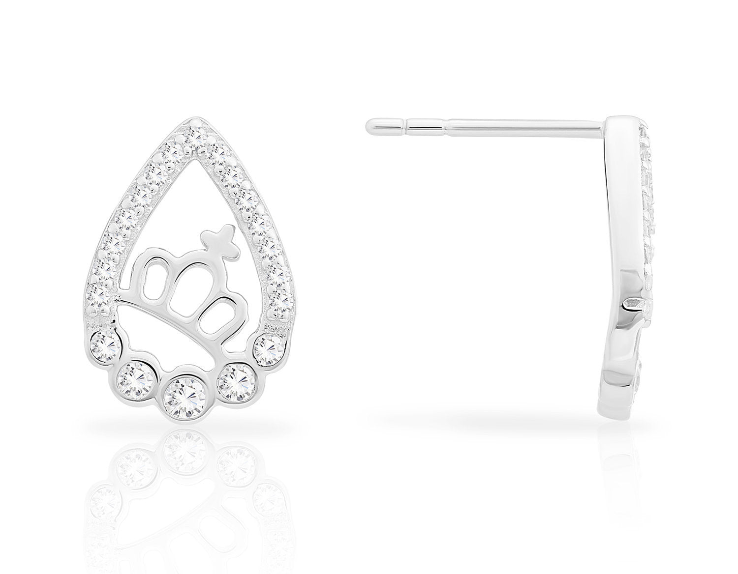 CZ Princess Crown Stud Earrings. Teardrop in Sterling Silver