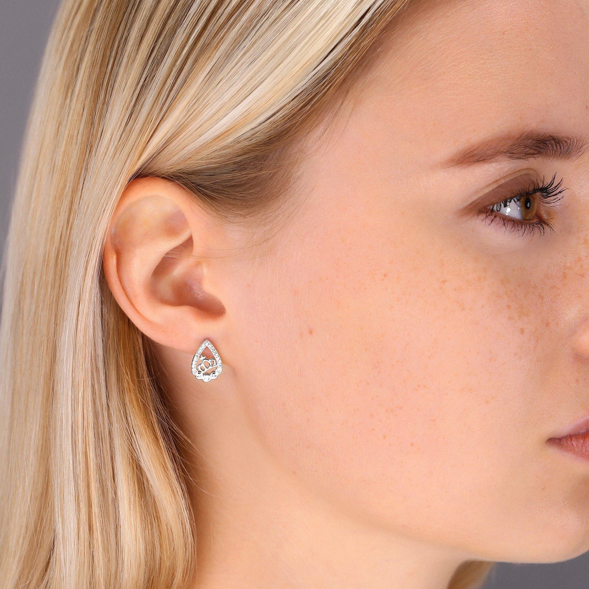 CZ Princess Crown Stud Earrings. Teardrop in Sterling Silver