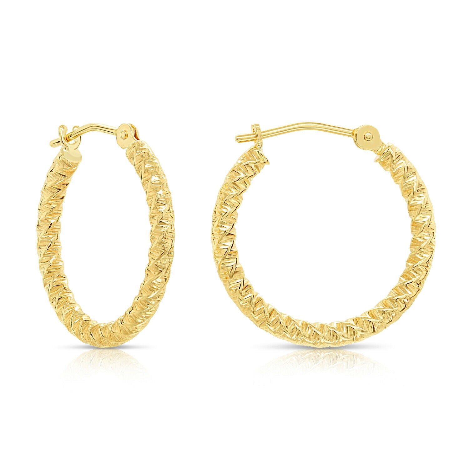 14k Yellow Gold Textured Hoop Earrings. The Twist Collection