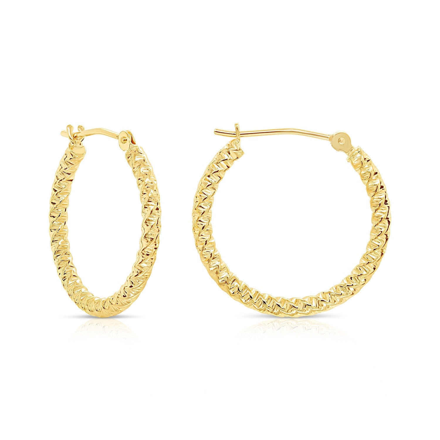 14k Yellow Gold Textured Hoop Earrings. The Twist Collection