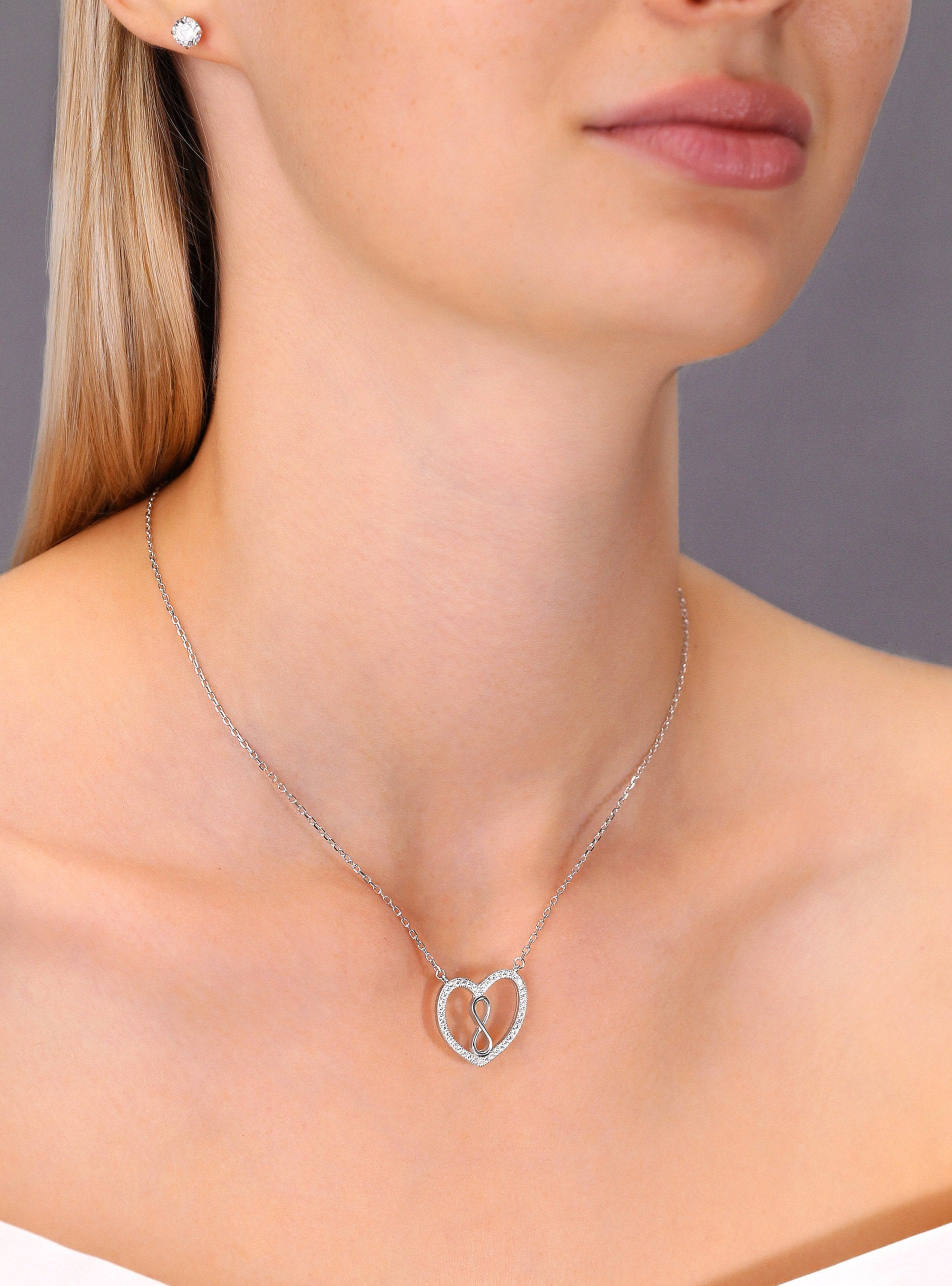 CZ Infinity Heart Charm Necklace in Sterling Silver