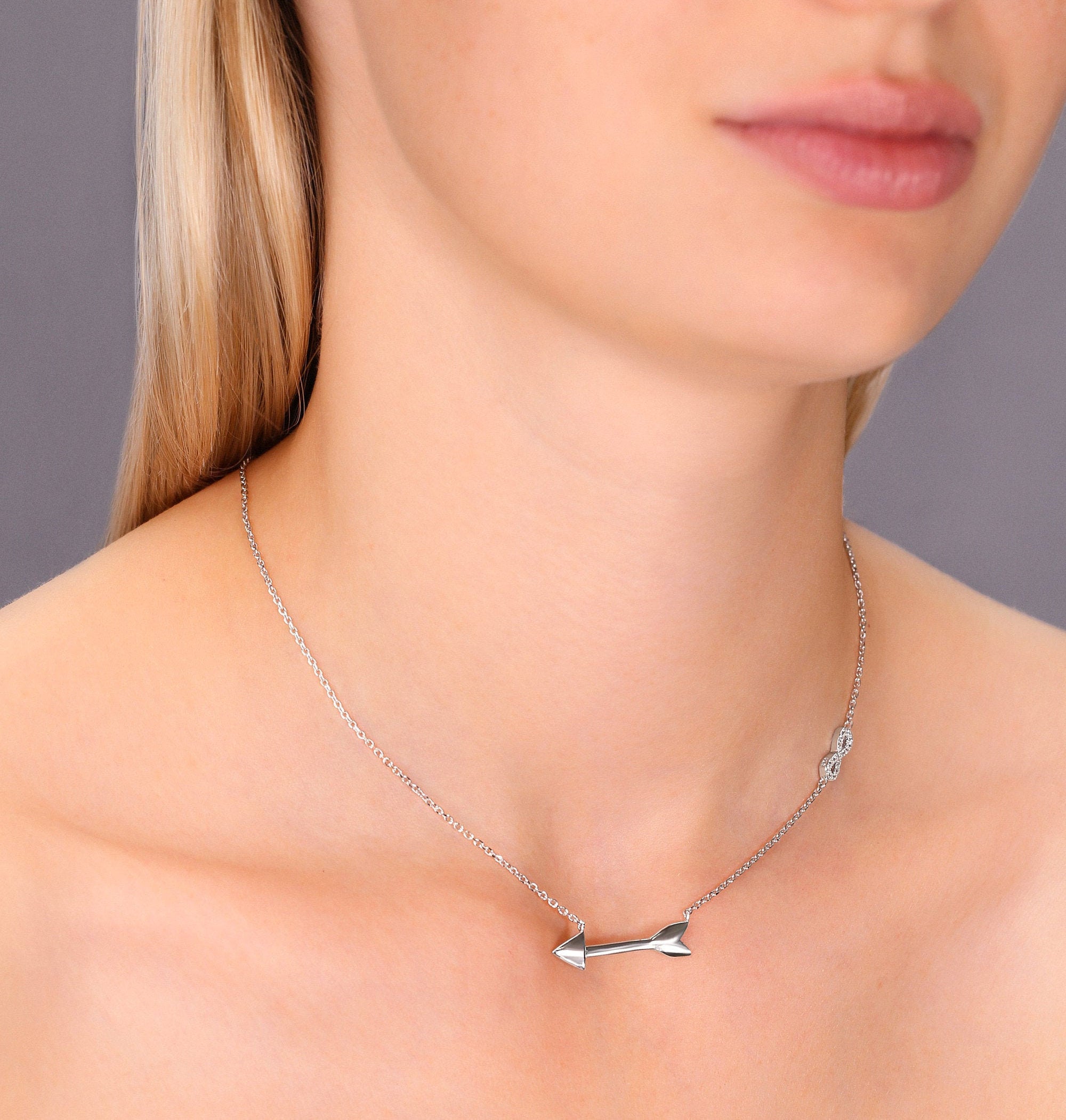 CZ Infinity and Arrow Necklace with Cubic Zirconia Stones in Sterling Silver