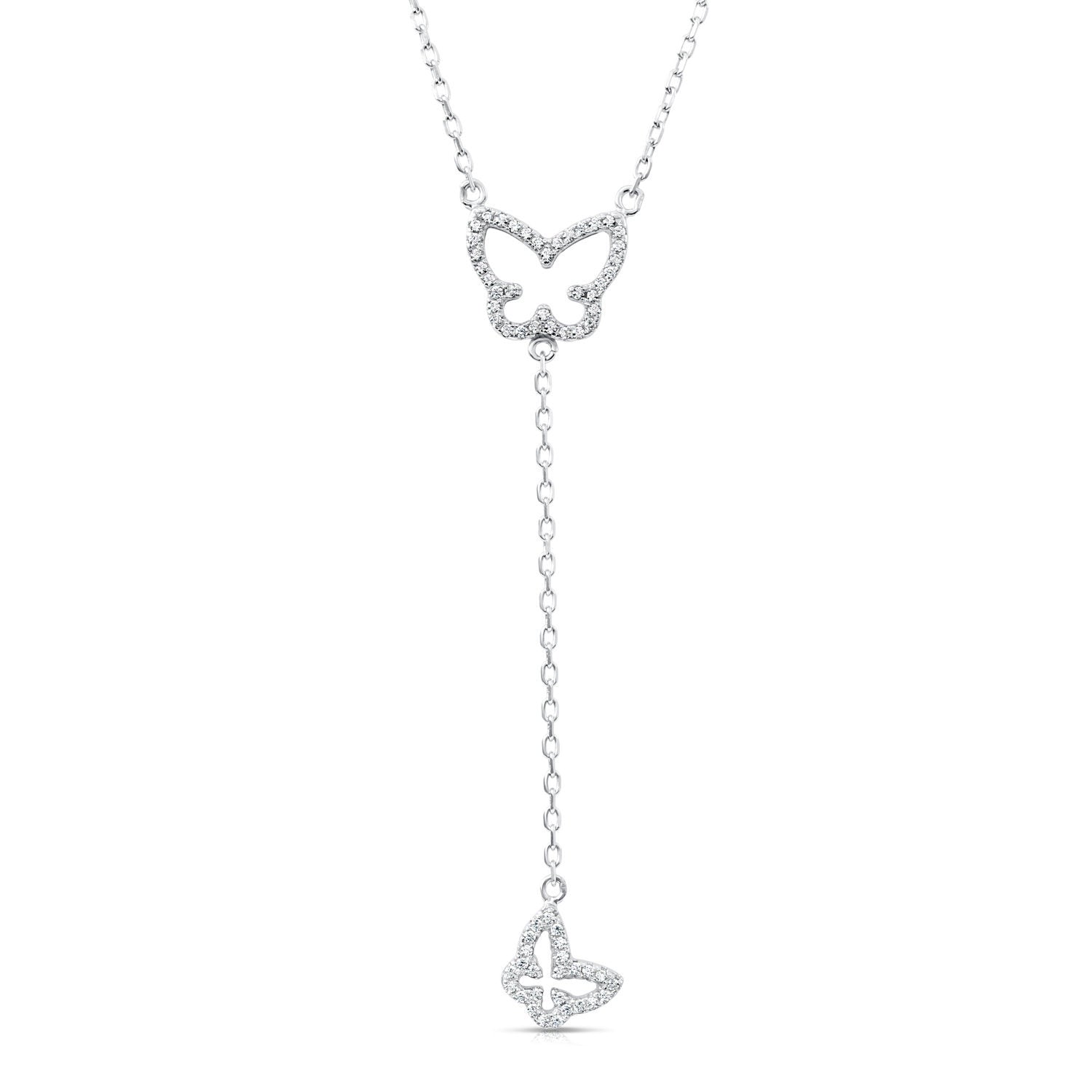 CZ Long Double Butterfly Necklace in Sterling Silver