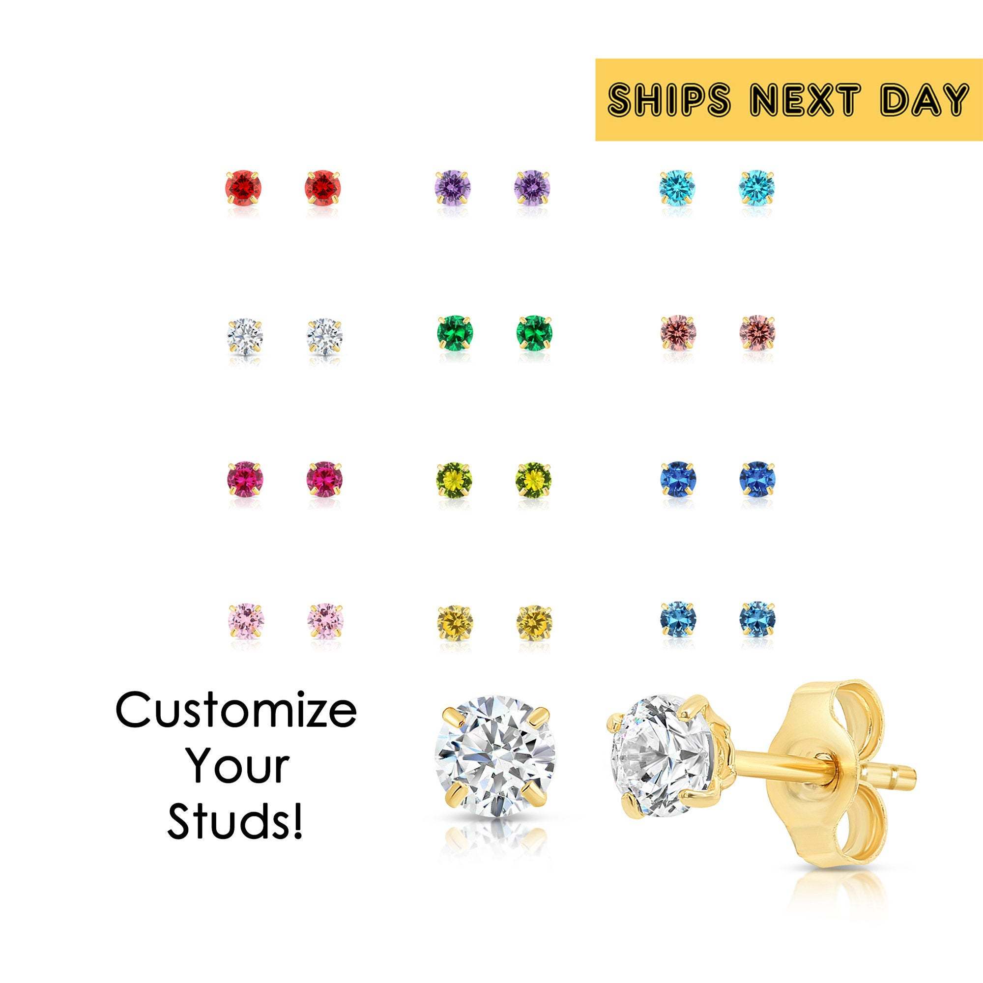 14k Yellow Gold Birthstone Solitaire Stud Earrings. 3mm. Available in 12 Colors