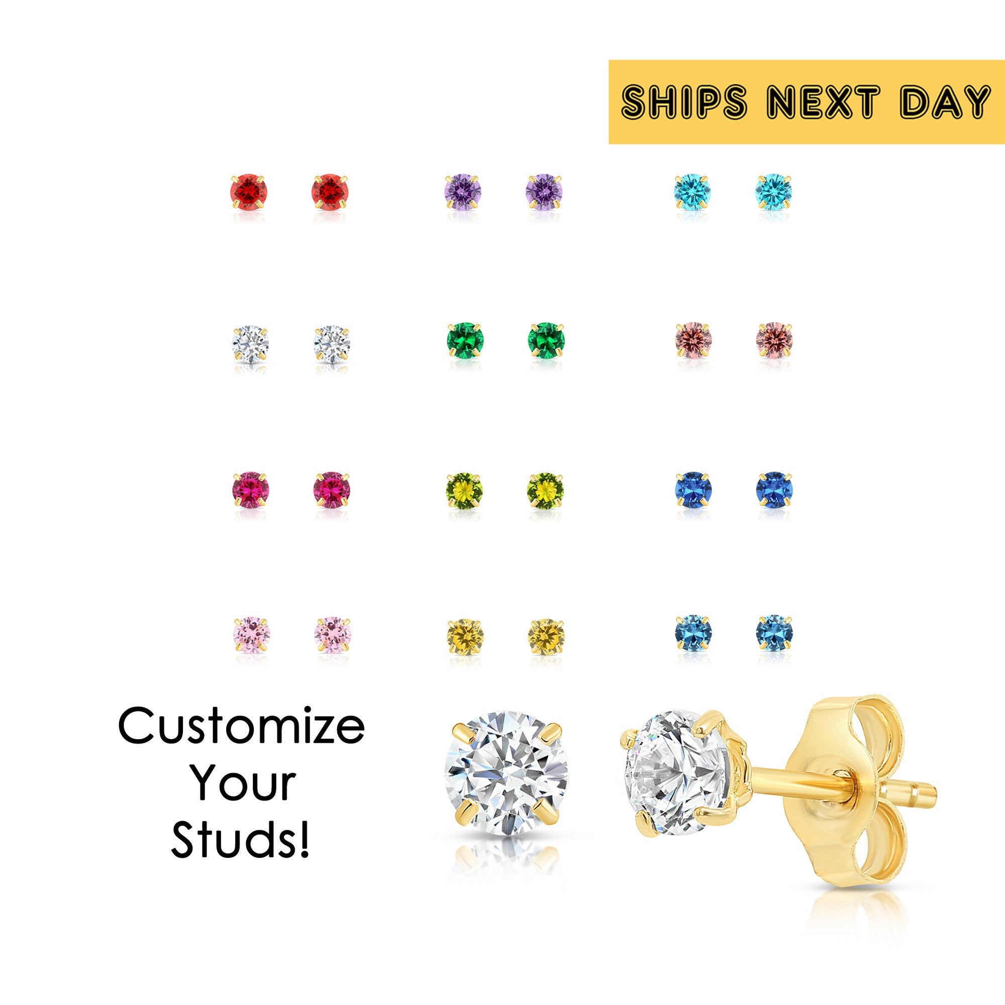 14k Yellow Gold Birthstone Solitaire Stud Earrings. 3mm. Available in 12 Colors