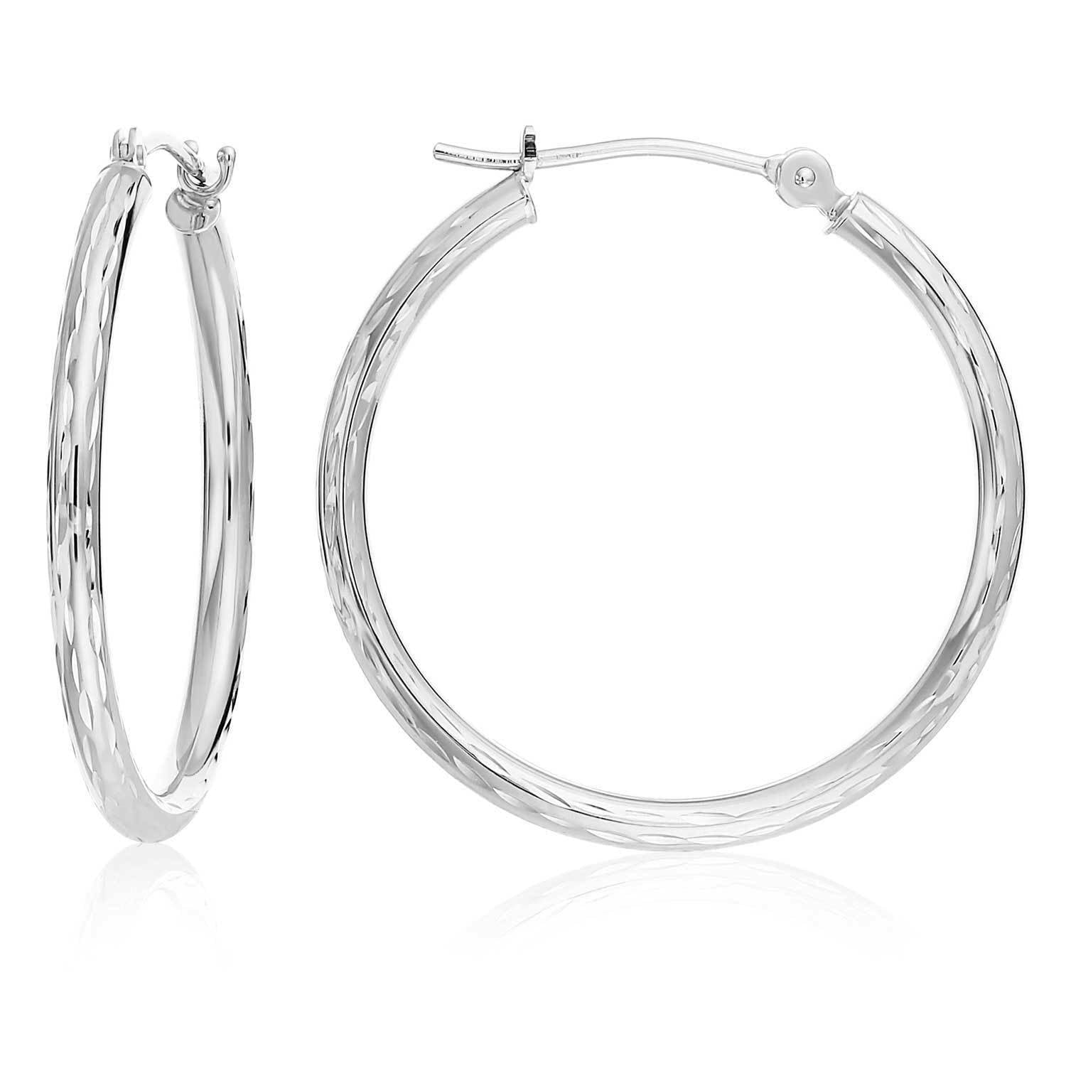 14k White Gold All Around Diamond Cut Hoop Earrings