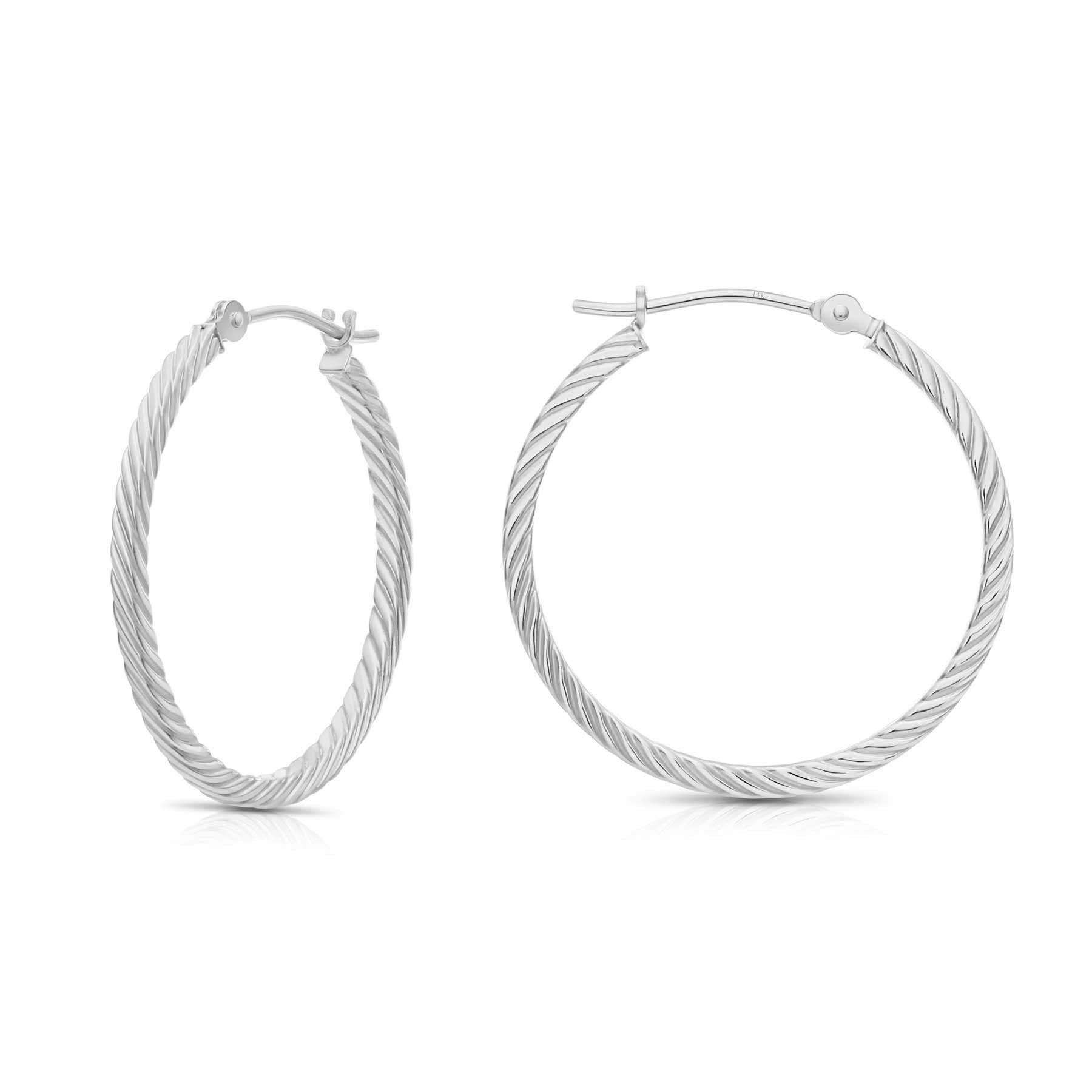 14k White Gold Hoop Earrings with Twist Textured Square Tube