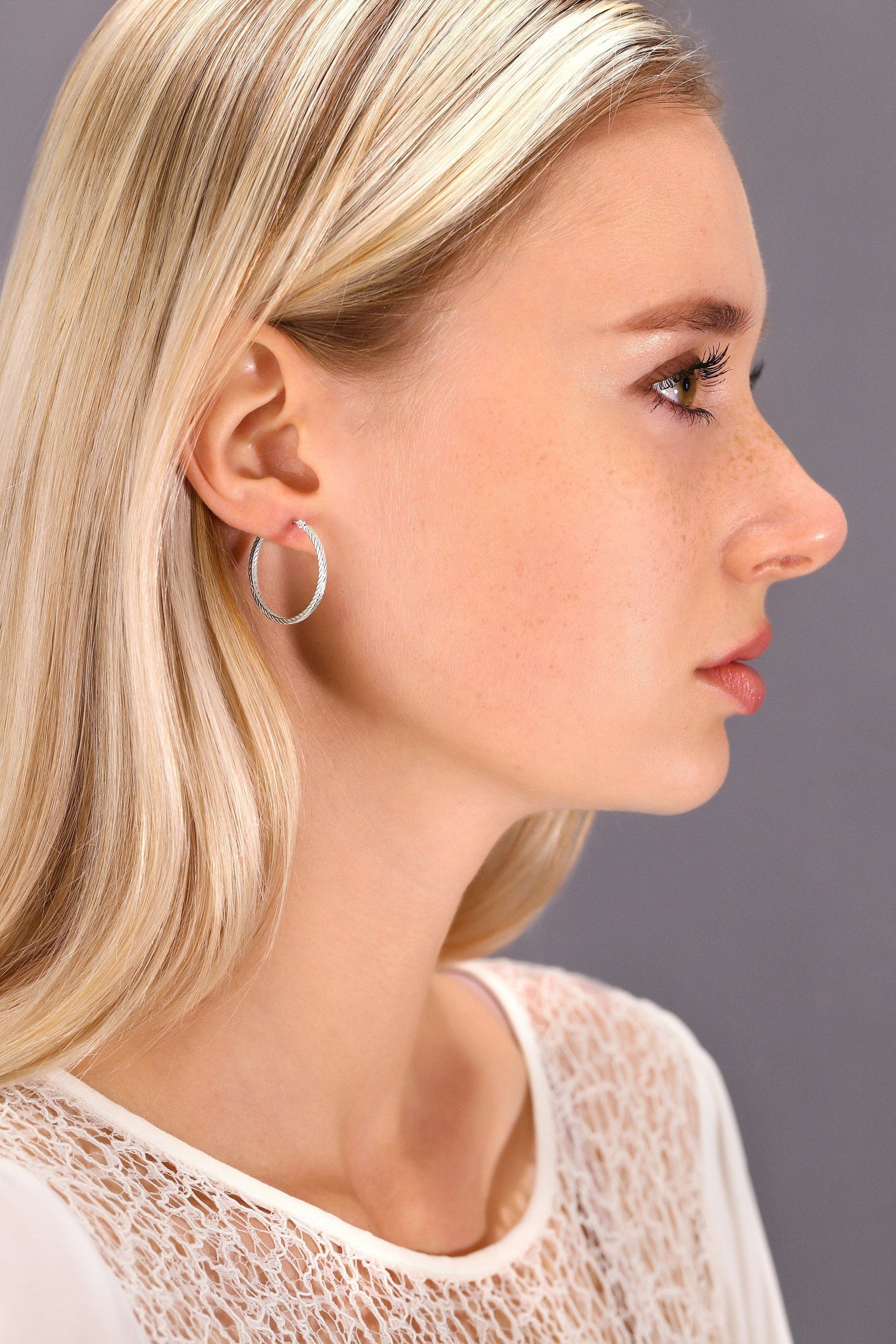 14k White Gold Hoop Earrings with Twist Textured Square Tube