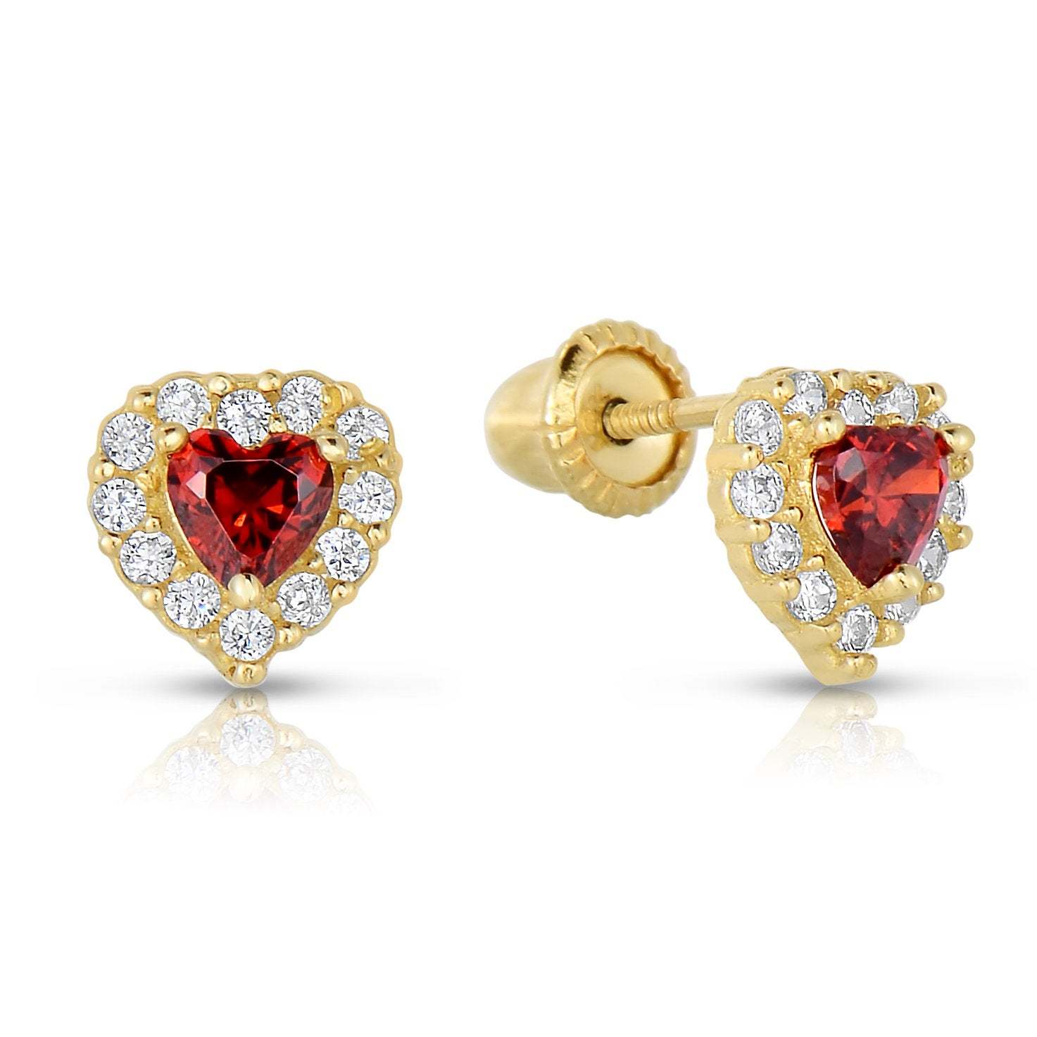 14k Yellow Gold Halo Heart Birthstone Stud Earrings. With Secure Screwbacks. Available in 12 Colors