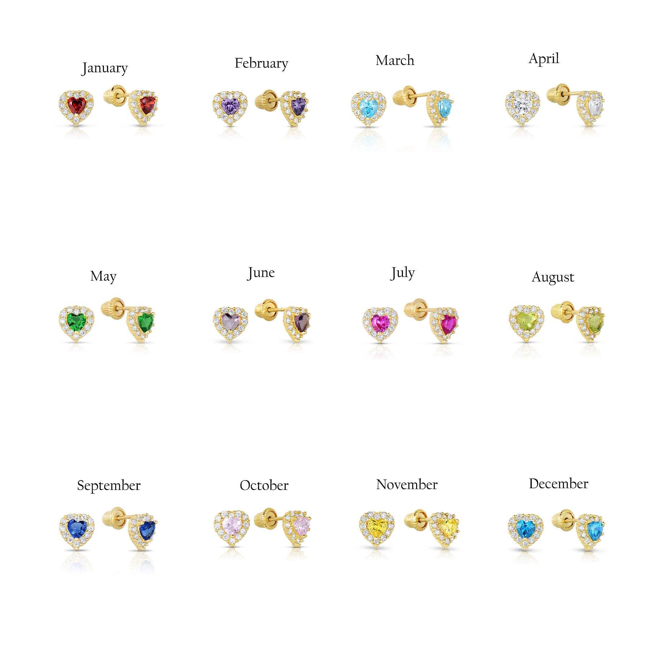 14k Yellow Gold Halo Heart Birthstone Stud Earrings. With Secure Screwbacks. Available in 12 Colors