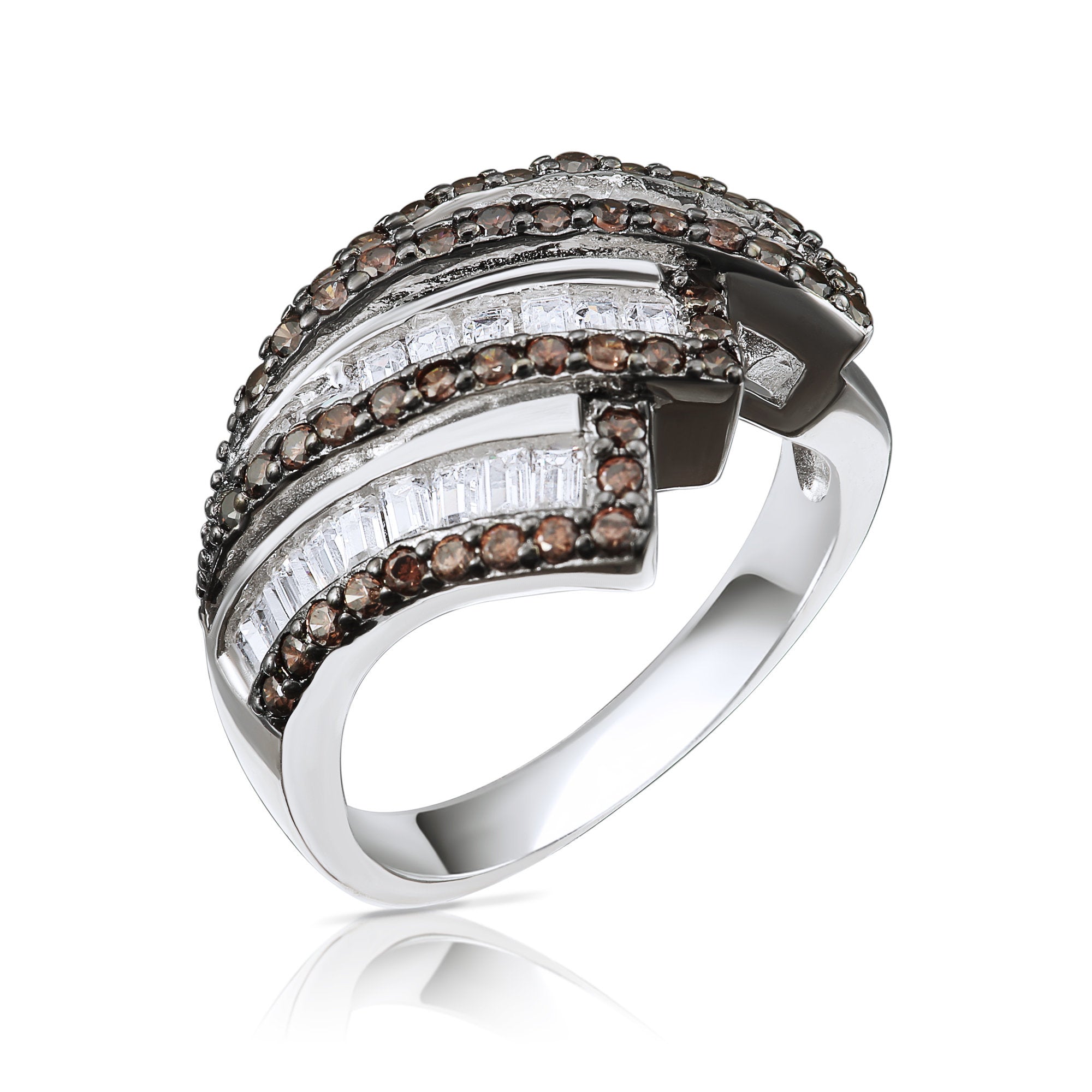 Ring With White & Coffee Brown Baguette CZ in Sterling Silver