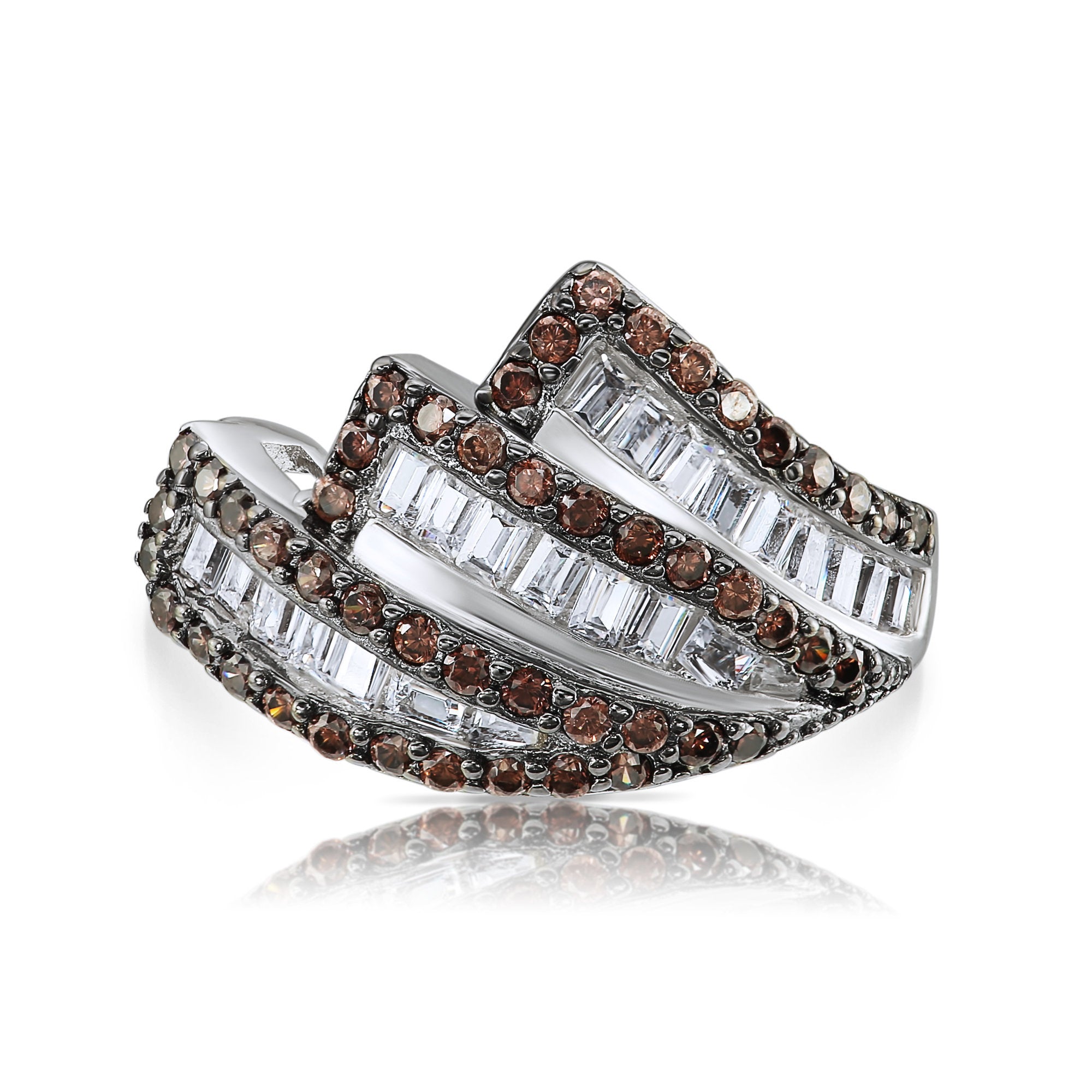 Ring With White & Coffee Brown Baguette CZ in Sterling Silver