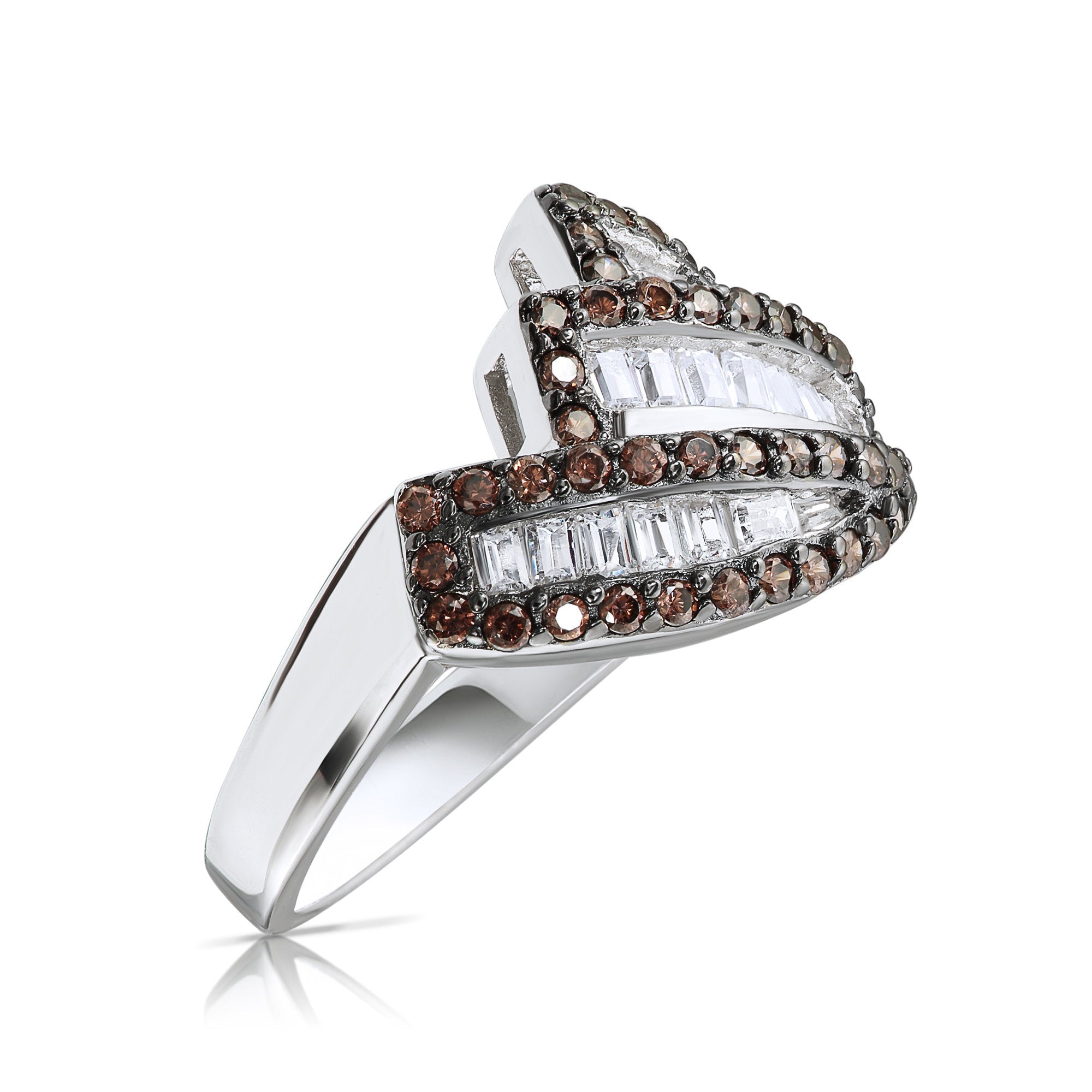 Ring With White & Coffee Brown Baguette CZ in Sterling Silver