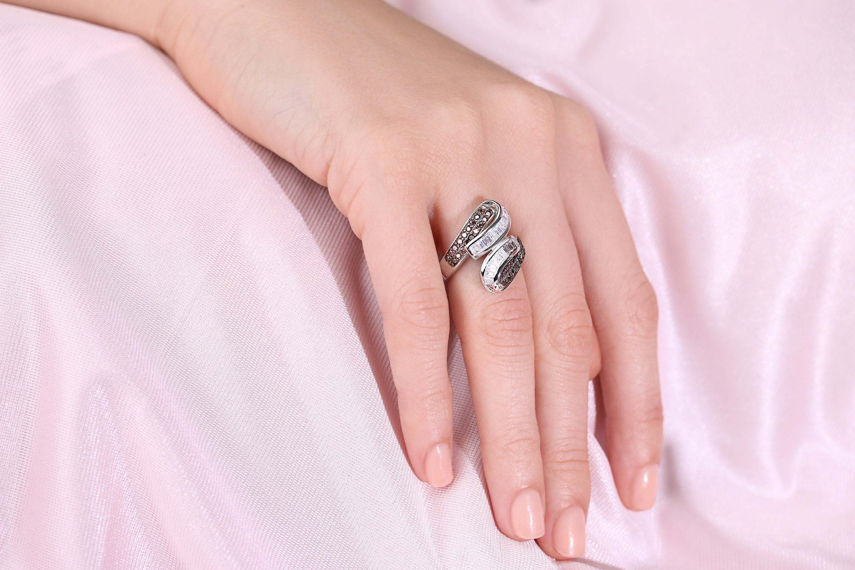 Cocktail Ring With White & Coffee Brown Baguette CZ in Sterling Silver