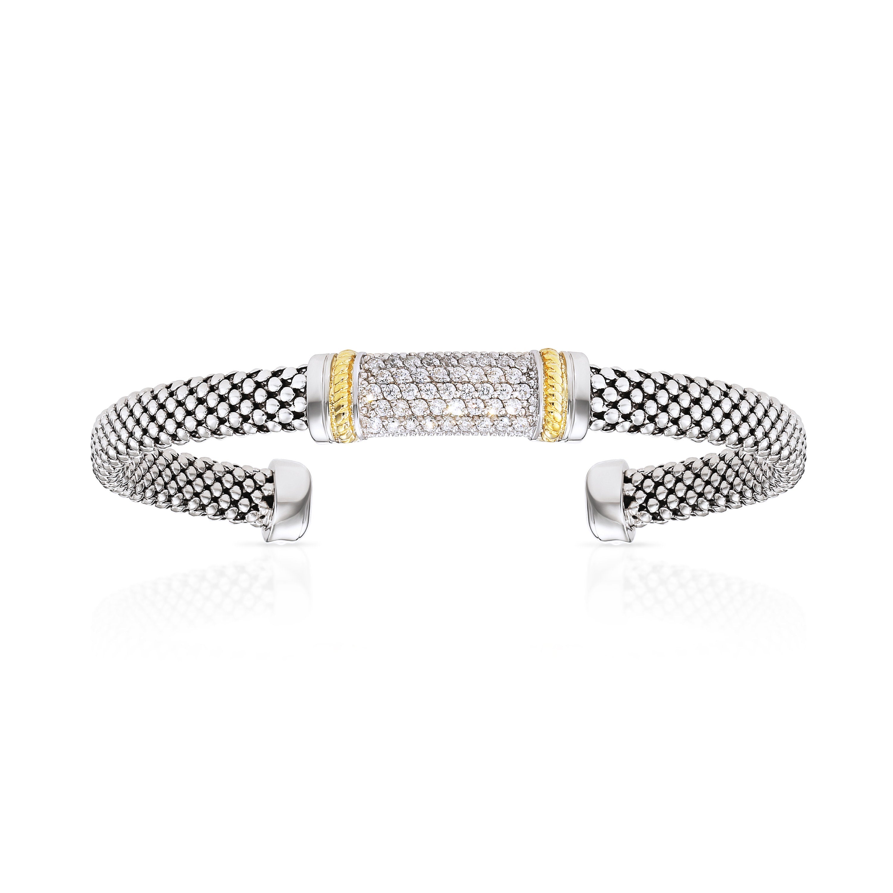 CZ Italian Cuff Bracelet with Gold Accents in Sterling Silver