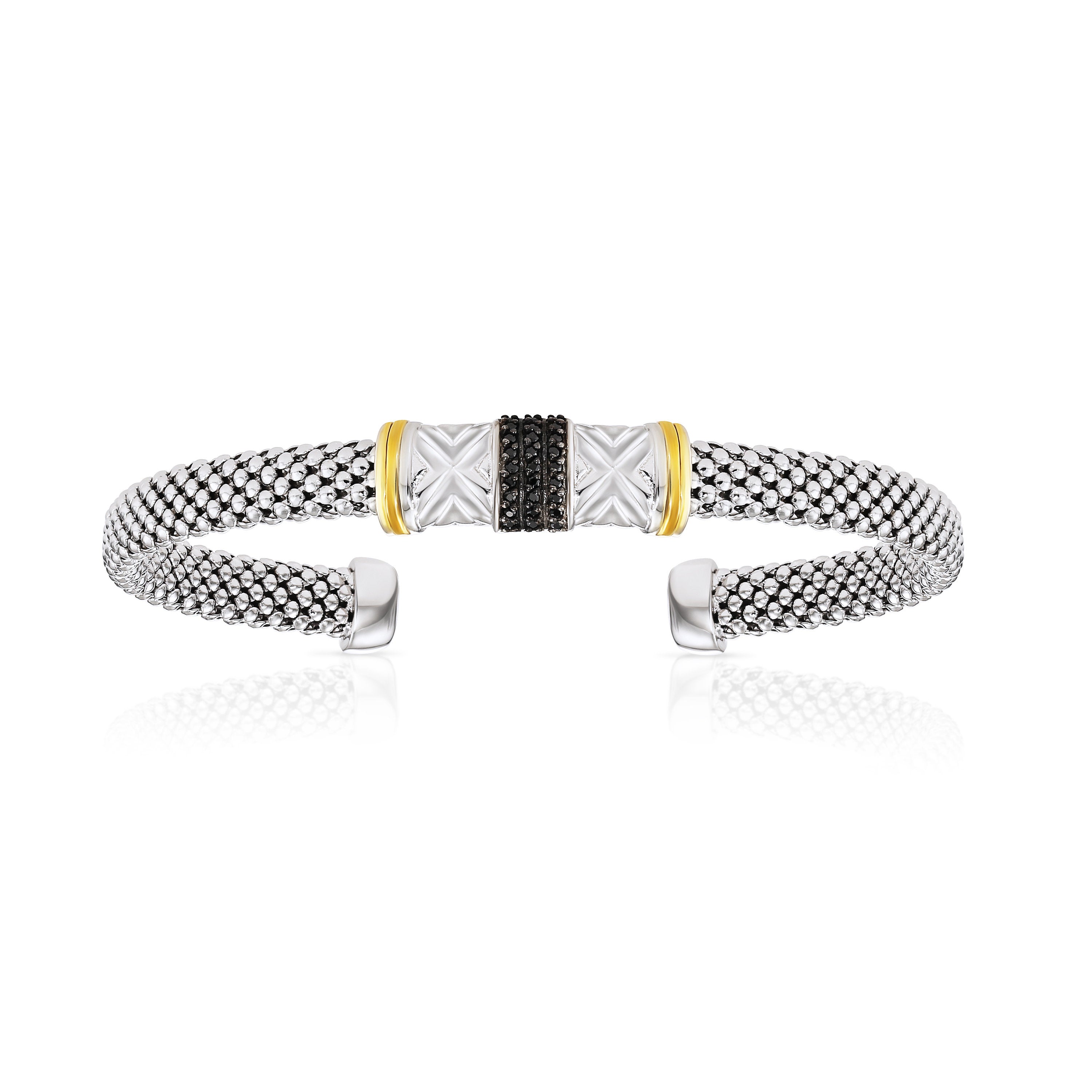 CZ Black Stone Italian Cuff Bracelet in with Gold Accents in Sterling Silver