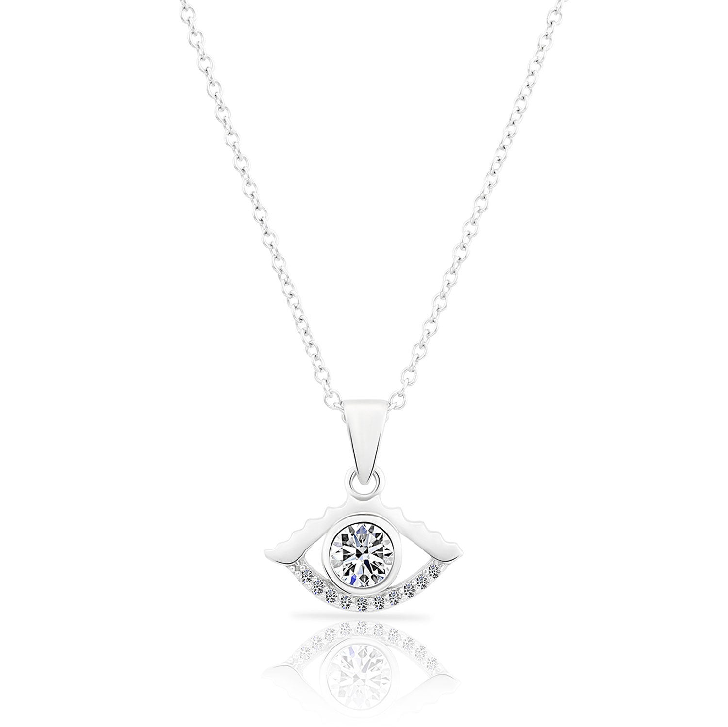 CZ Evil Eye Charm Necklace in Sterling Silver