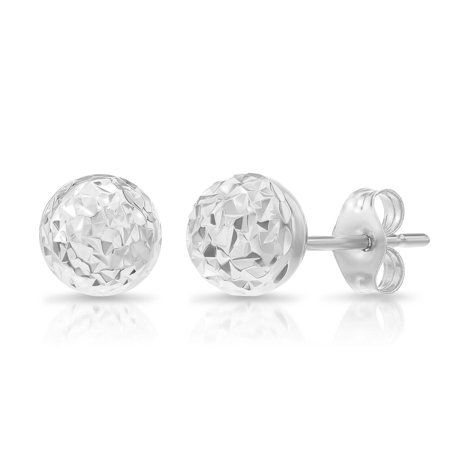 14K White Gold Sparkle Ball Stud Earrings. Hand Engraved Diamond Cuts