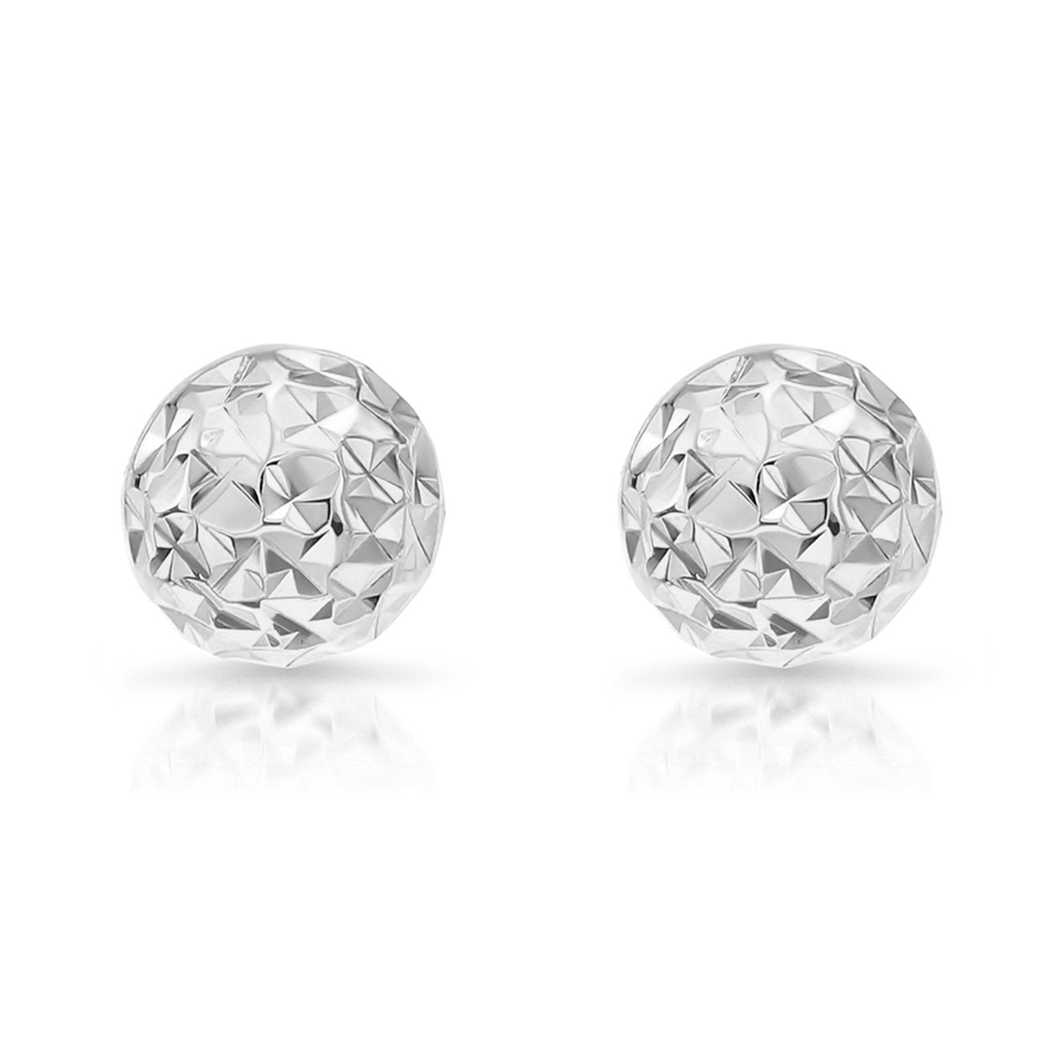 14K White Gold Sparkle Ball Stud Earrings. Hand Engraved Diamond Cuts