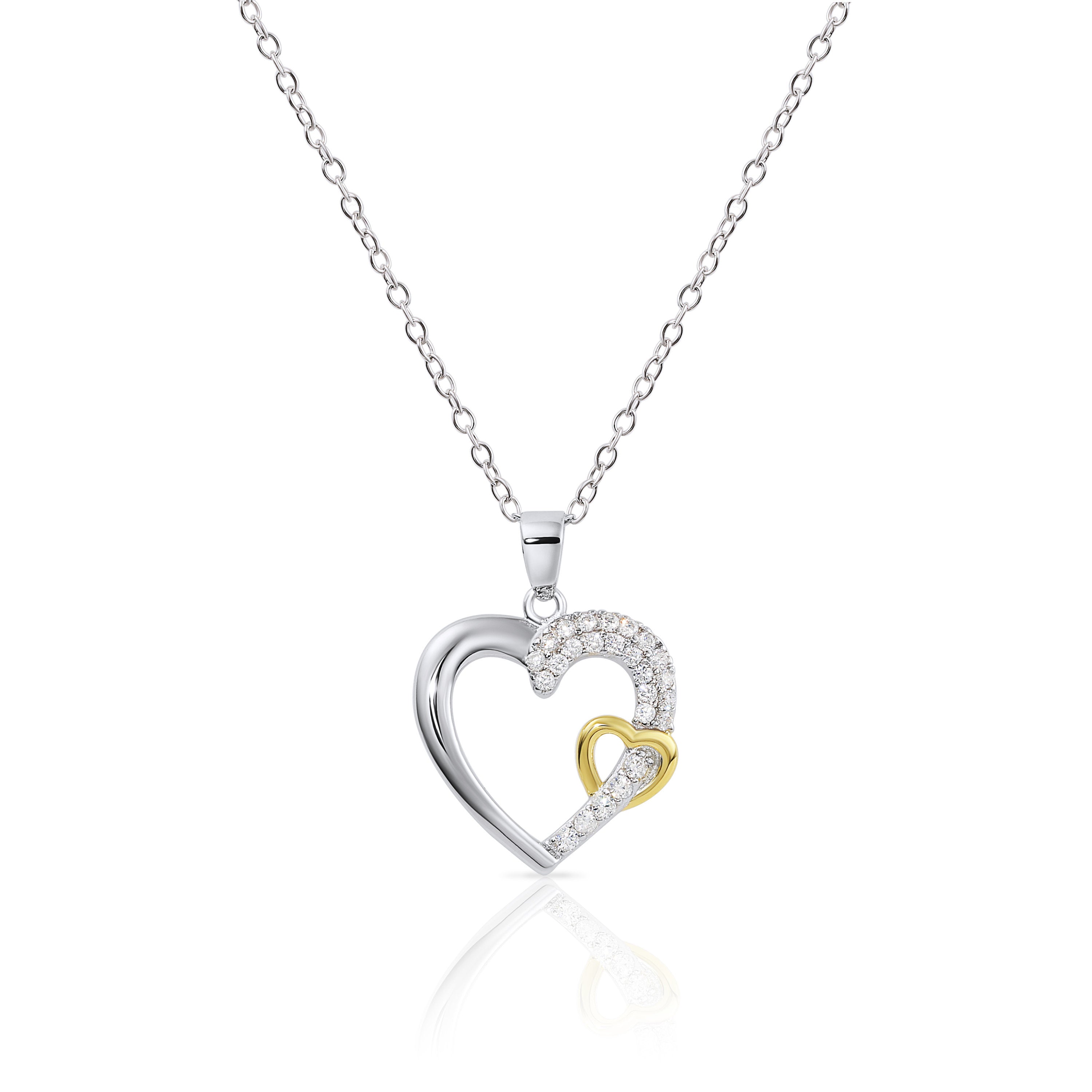 CZ Heart Charm Necklace. Gold-tone. Adjustable in Sterling Silver