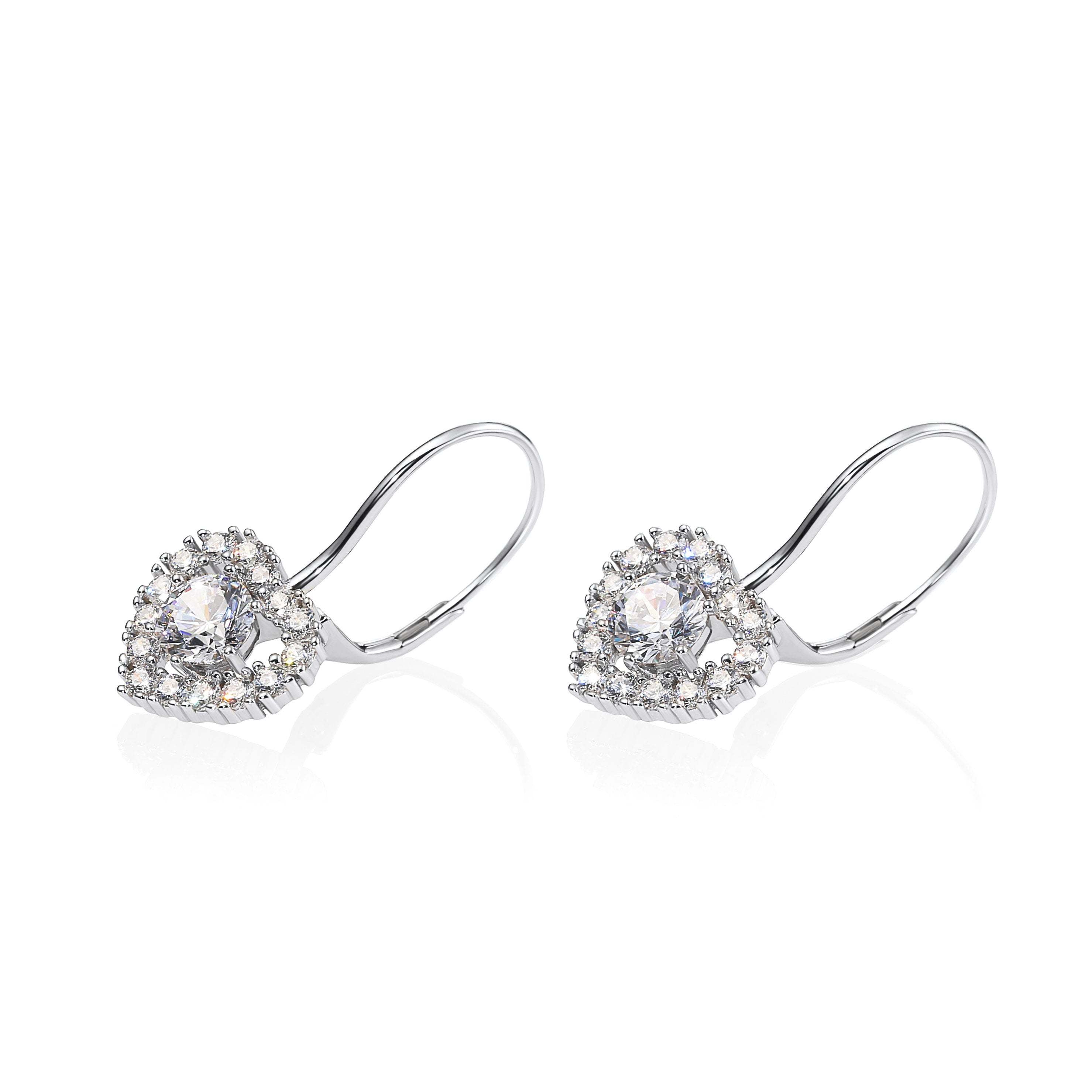 CZ Heart Earrings with Dangle Drop Design in Sterling Silver