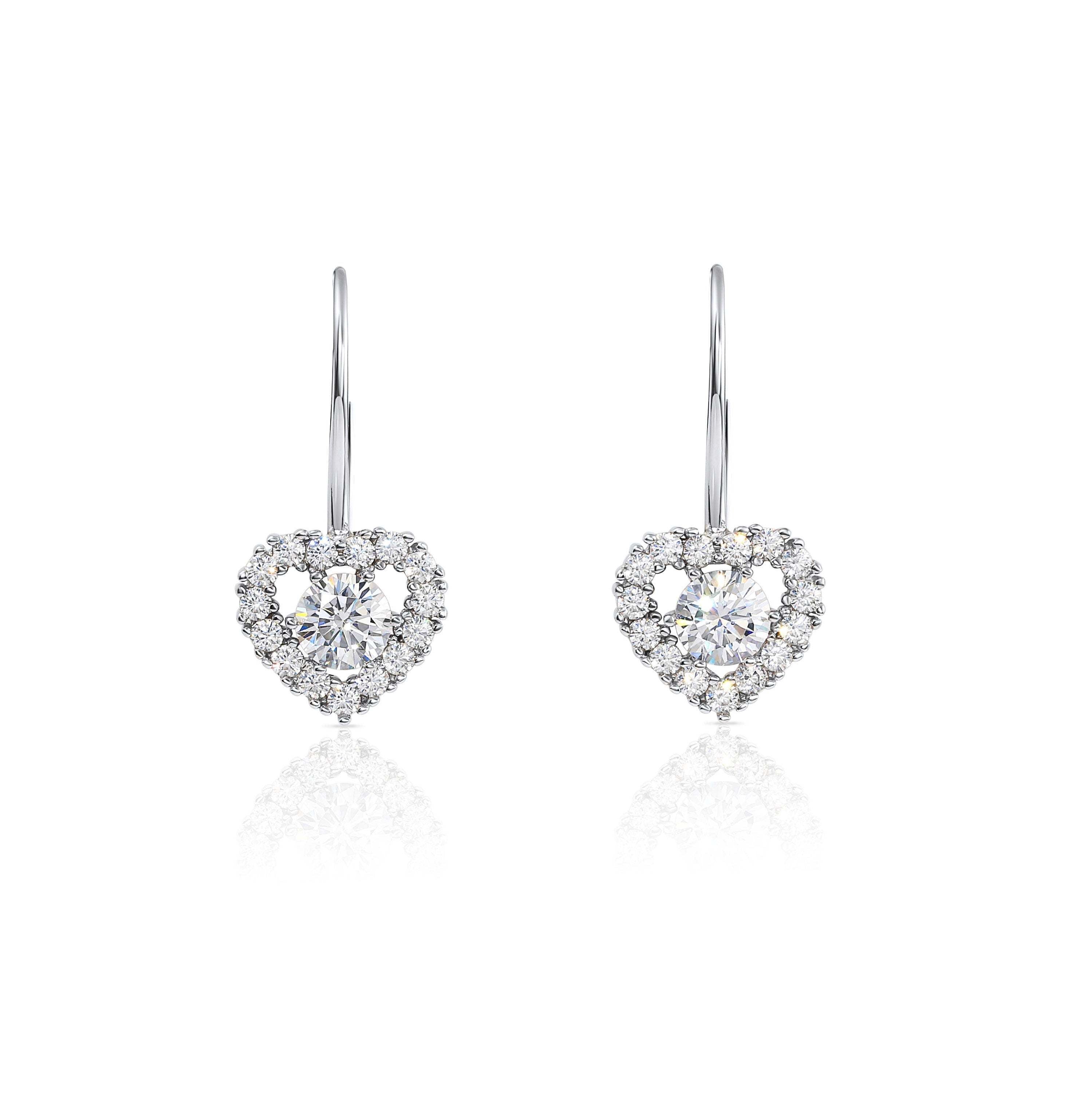 CZ Heart Earrings with Dangle Drop Design in Sterling Silver